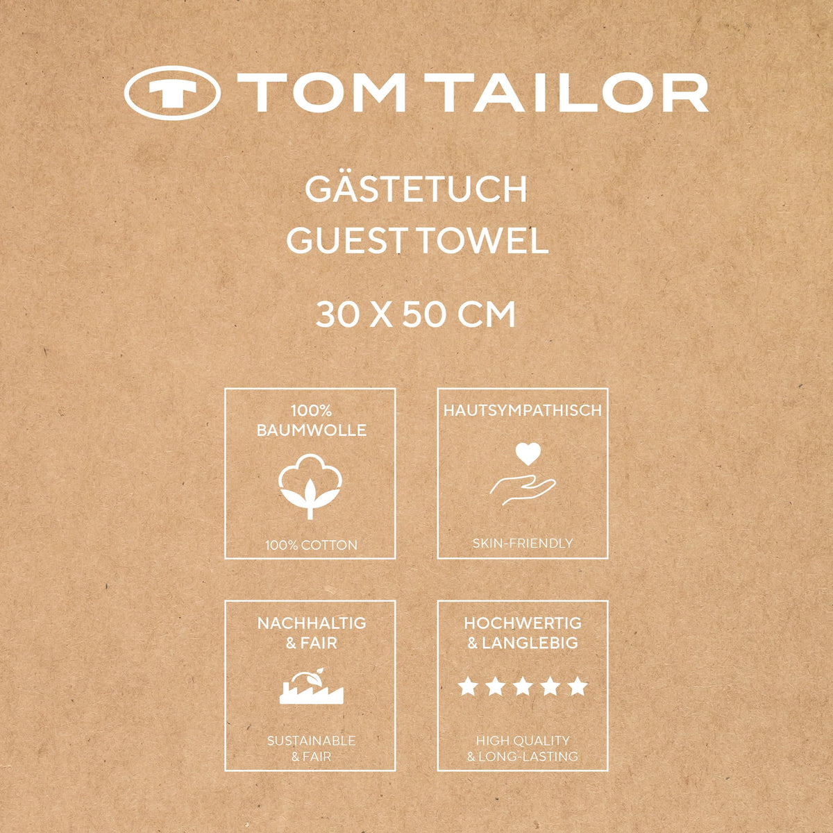 Klaus Herding GmbH Tom Tailor Guest Towels, Set of 6, 30 x 50 cm, 100% Cotton/Terry Towels, with Hanger and Label with Logo, Colour Bath Towel Beige