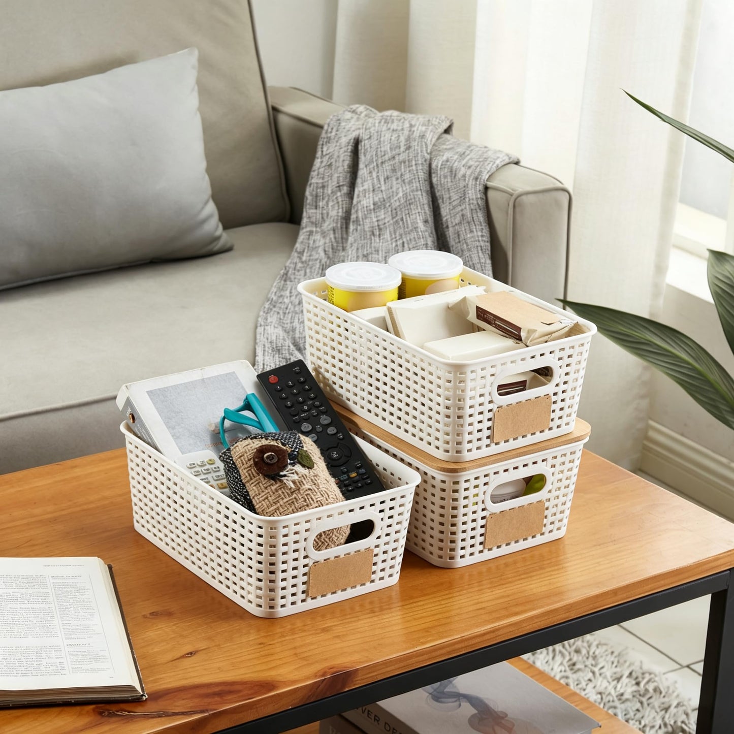 Sagittar Set of 6 Storage Boxes with Bamboo Lid, Imitation Rattan Plastic Storage Basket, Stackable Storage Bins, Ideal for Kitchen, Bathroom, Office