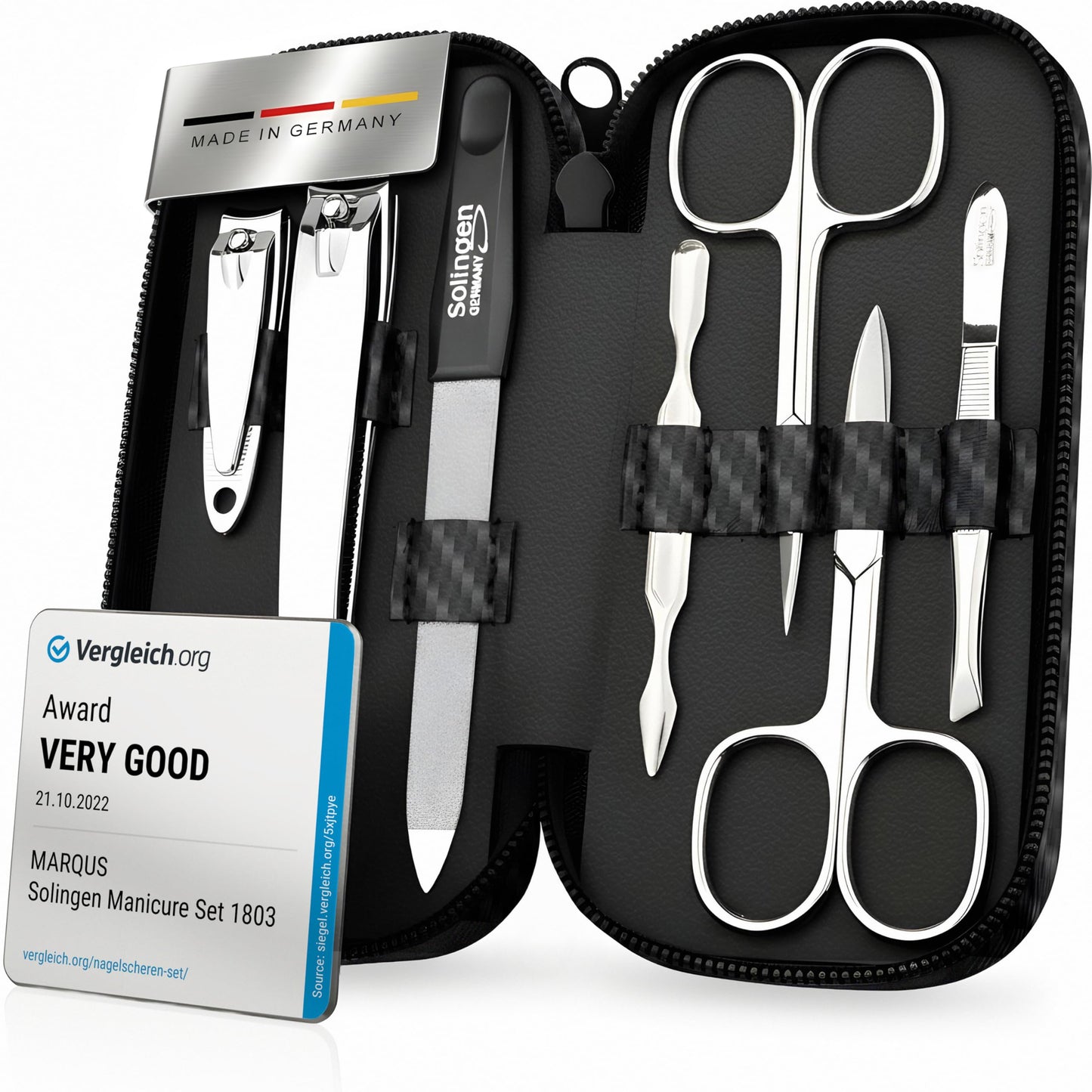 Solingen Manicure Set for Women & Men - Comparison Winner with Top Price/Performance Ratio - Handy and Soft Case - 7-Piece Grooming Kit, Carbon