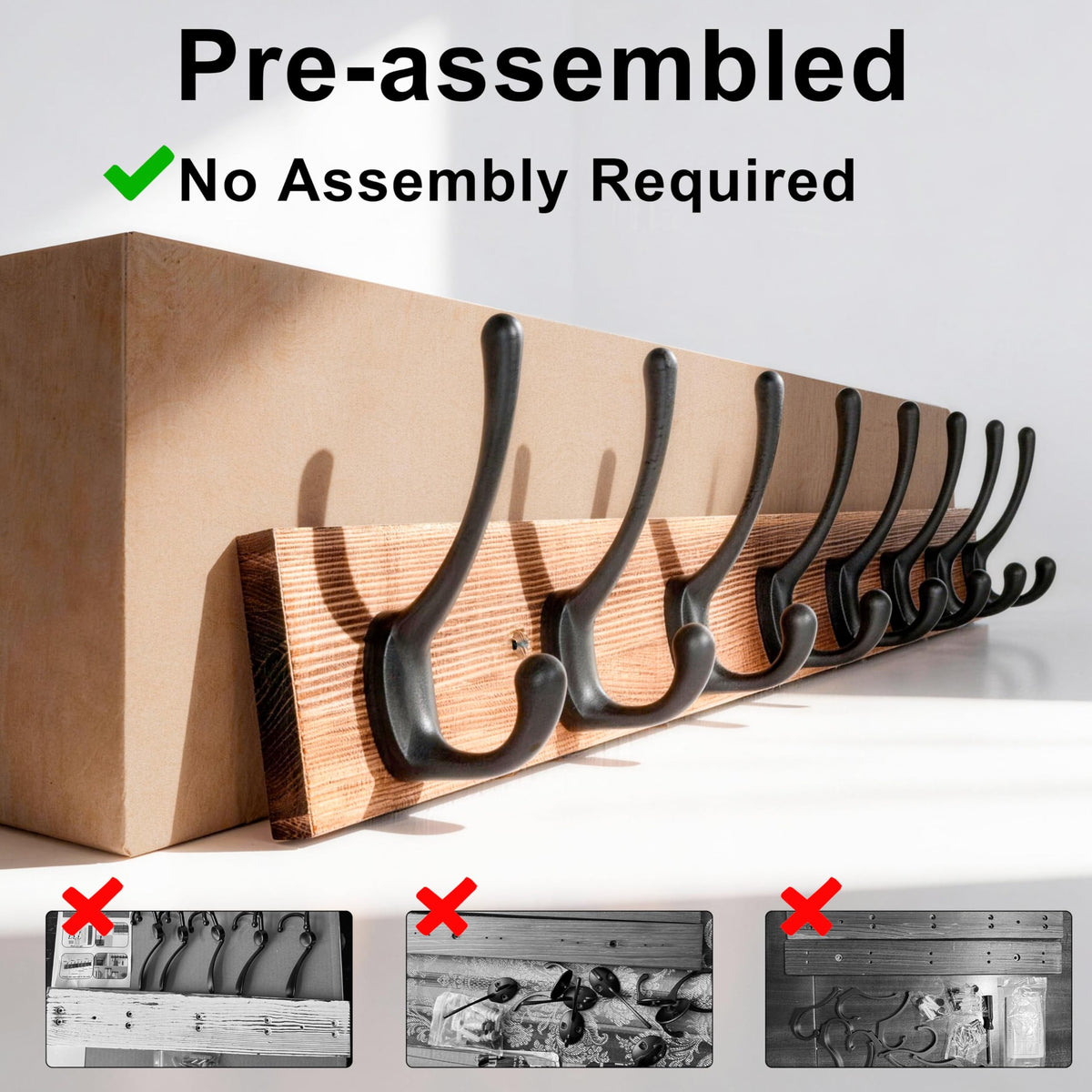 HONSKY Wall Coat Rack with 8 Double Hooks,Wooden Coat and Towel Hanger Storage for Entryway, Bathroom, Bedroom, Garage,Brown Base/Black Hook,(2 Pack)