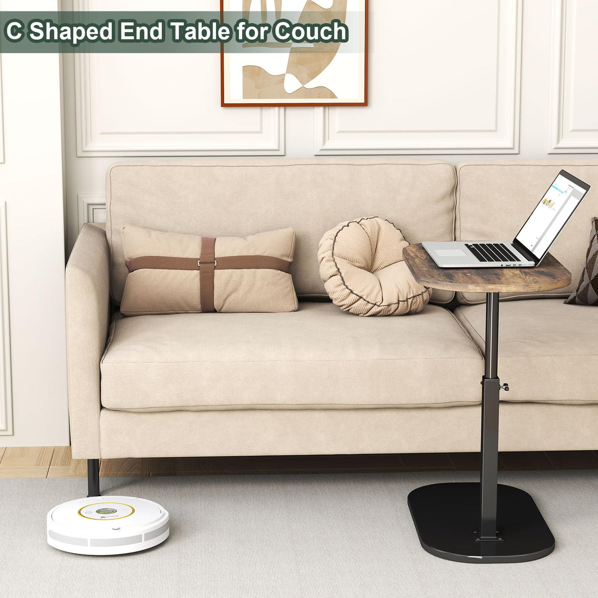 C Shaped Side Table Adjustable Height, 360°Swivel Sofa Side Table That Slide Under, Small Coffee End Table for Couch and Bedside