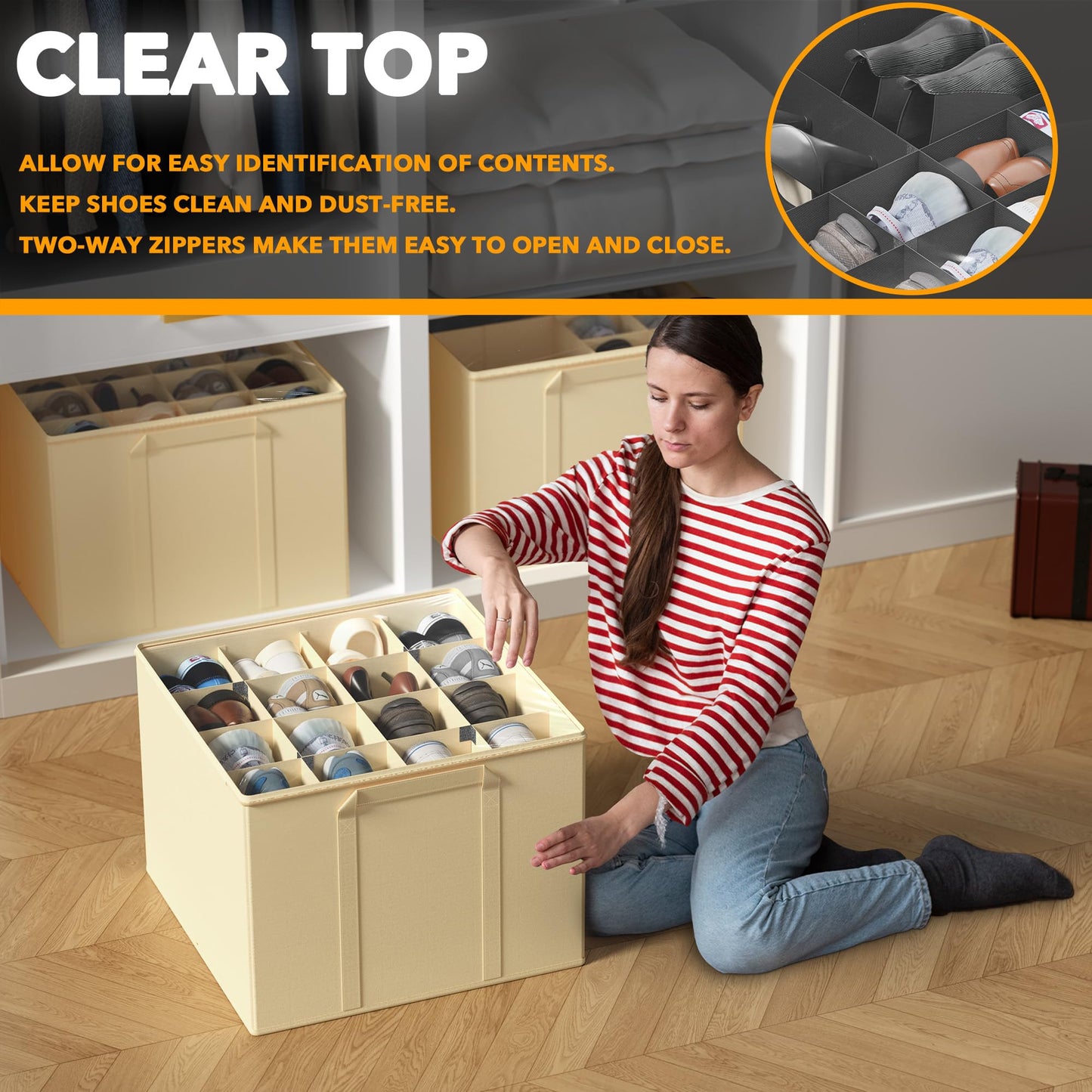 SpaceAid Shoe Organizer for Closet, 2 Pack Foldable Shoe Storage Containers Baskets Boxes Bins w/Adjustable Dividers, Fits 16-32 Pairs, Beige