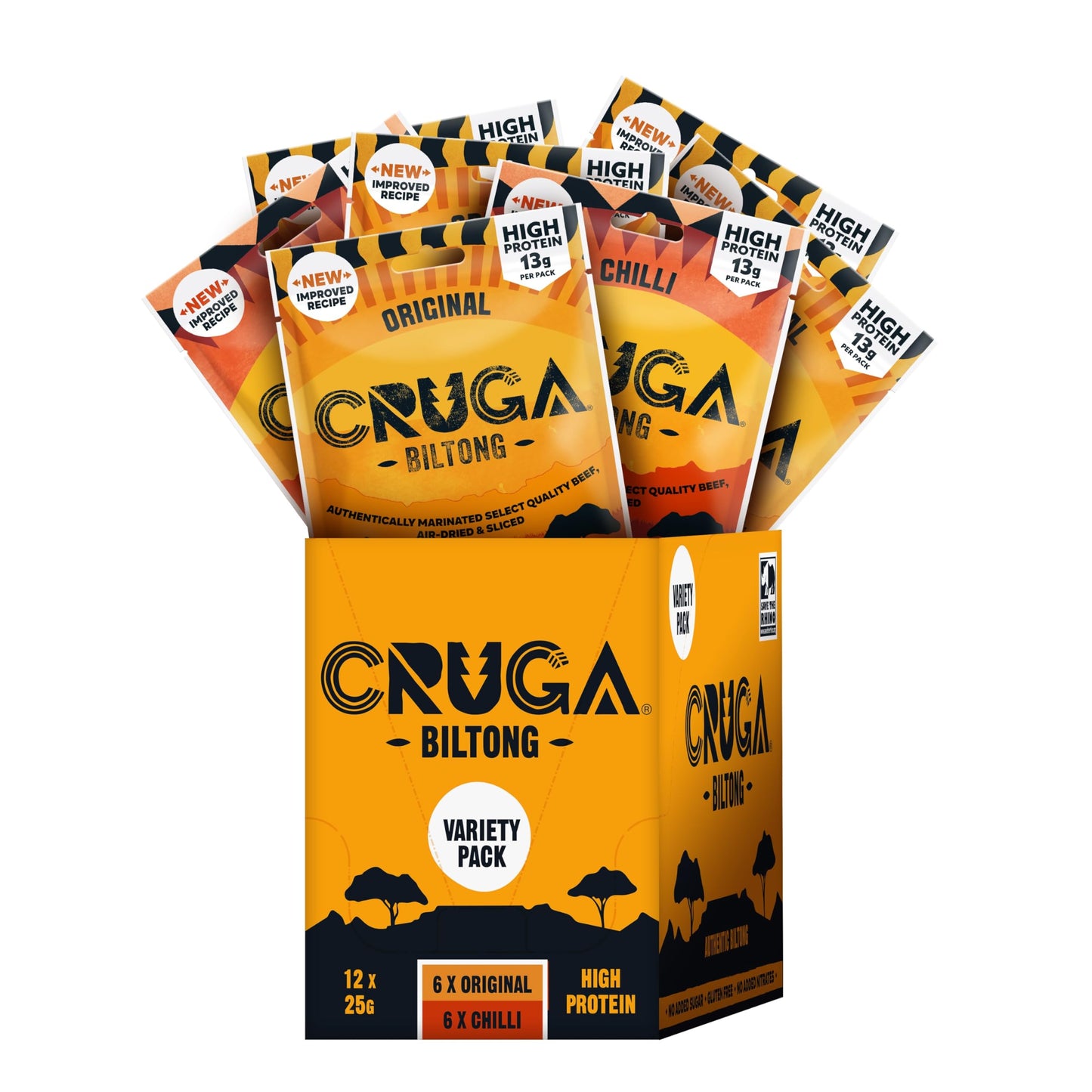 Cruga Beef Biltong Variety Pack 12 ? 25g ? 6 ? Original, 6 ? Chilli ? High Protein Gluten Free Snack ? Low Sugar ? No Added MSG ? Ideal for Gym,