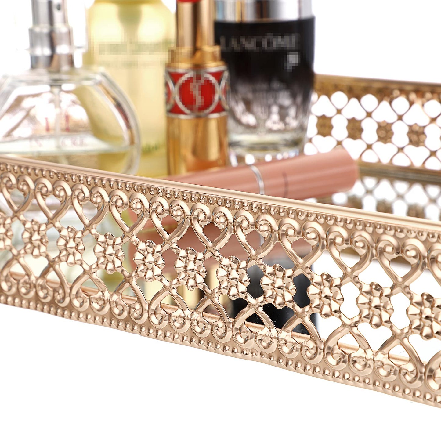 ELLDOO Gold Perfume Tray Mirror Tray Makeup Vanity Tray Hollow-Carved Jewelry Tray Glass Metal Trinket Storage Tray Home Organizer Decorative Tray