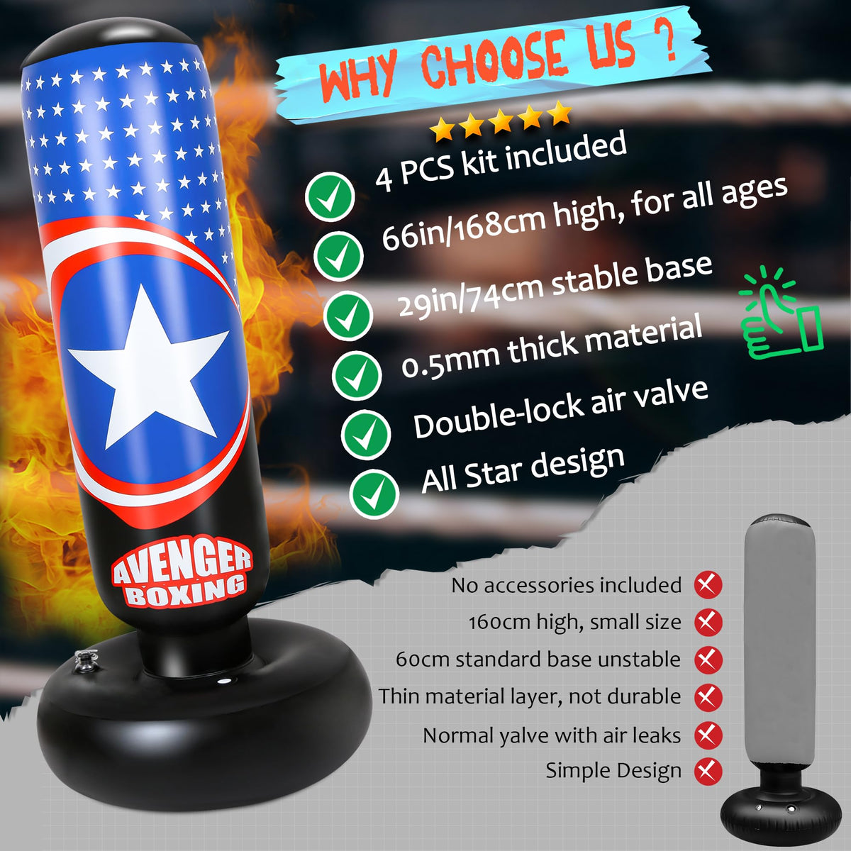 YasinKidz Punching Bag for Kids, 66 Inch Large Inflatable Kids Boxing Bag Set for Boys & Girls Age 3-14, Free Standing Punch Bag with Boxing Gloves