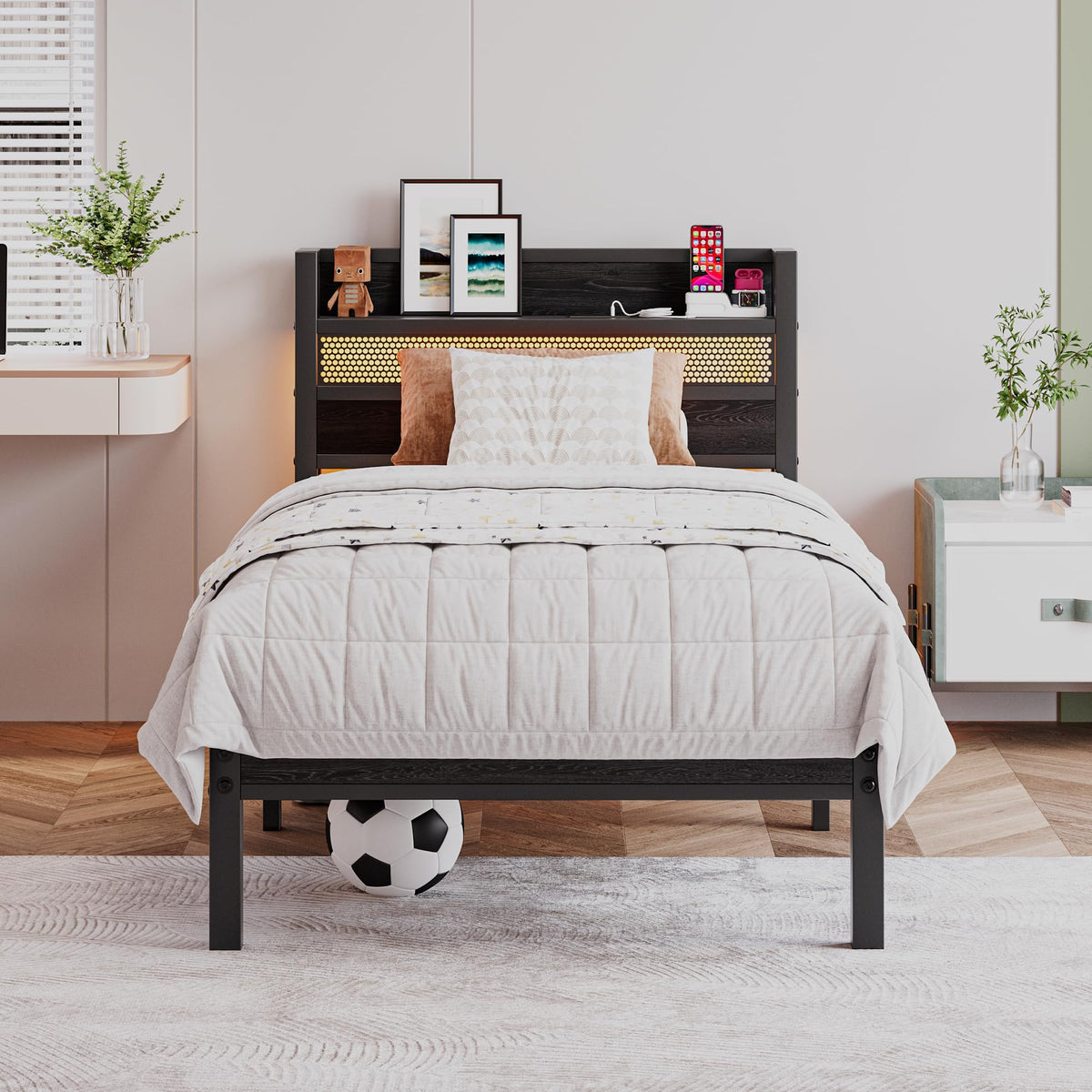 HAHRIR 3ft Single Bed Frames with Storage Headboard and Charging Station/LED Lights,90 x 190 cm Heavy Duty Metal Single Size Bed Frame, Strong Steel