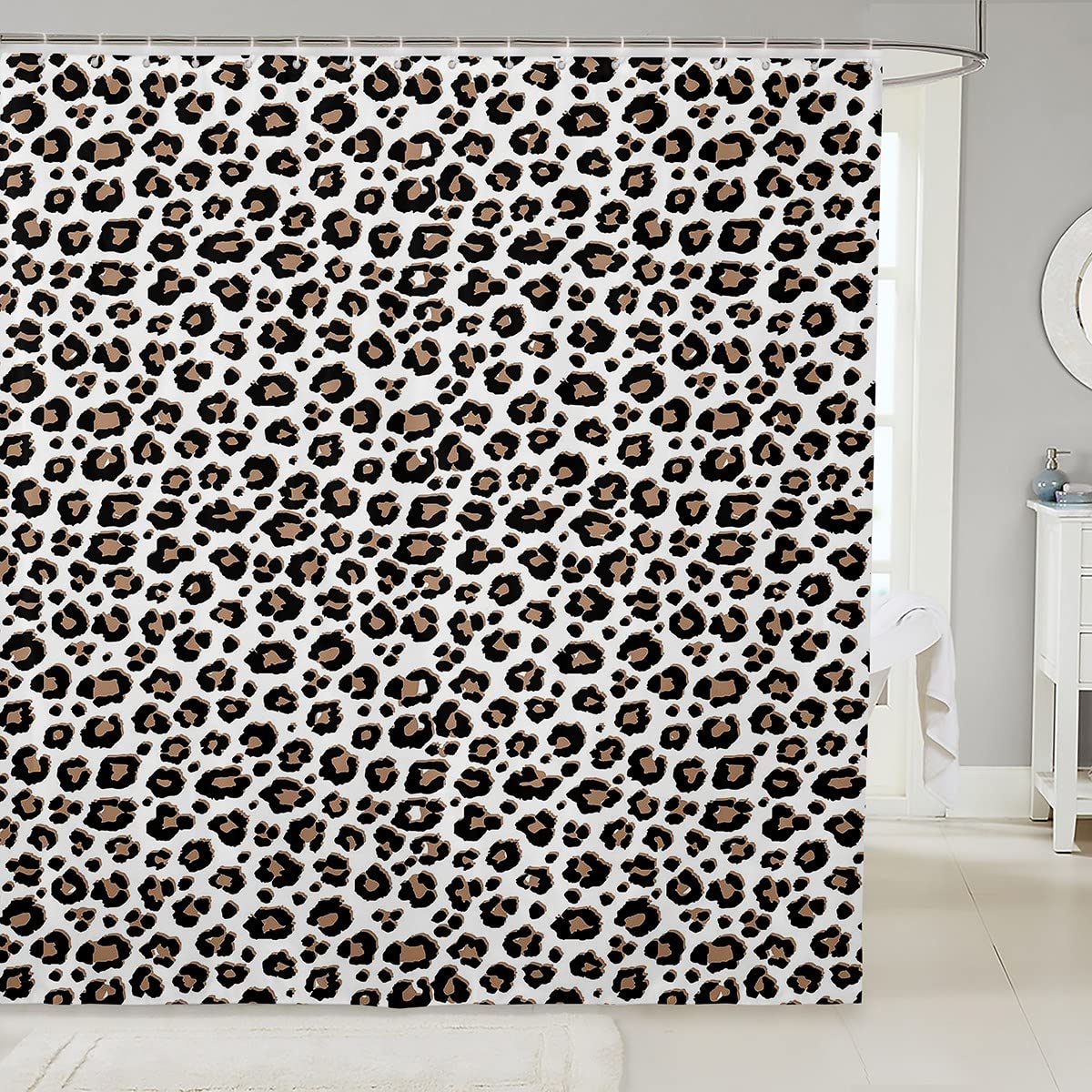 Loussiesd Leopard Bath Curtain Africa Cheetah Shower Curtain for Kids Boys Girls Teens Safari Animal Shower Curtain with Hooks White Black Brown