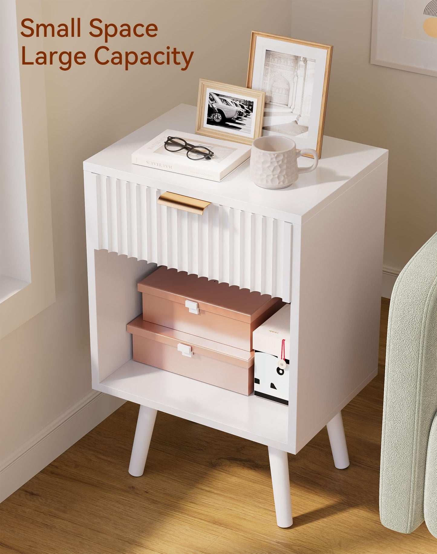 YMYNY Mid Century Modern Nightstand Set of 2, Side Table with Fluted Drawer, Open Shelf Unit, Golden Handle, Solid Wood Legs, Bedside Table