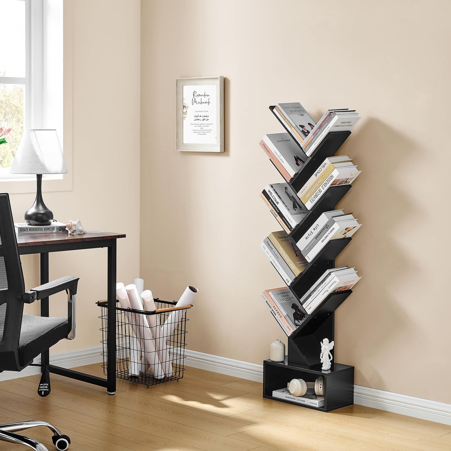 Hoctieon 9 Tier Tree Bookshelf, Tall Bookcase with Drawer, Wood Book Shelf, Modern Floor Standing Bookshelves, Book Organizer Shelves for Bedroom