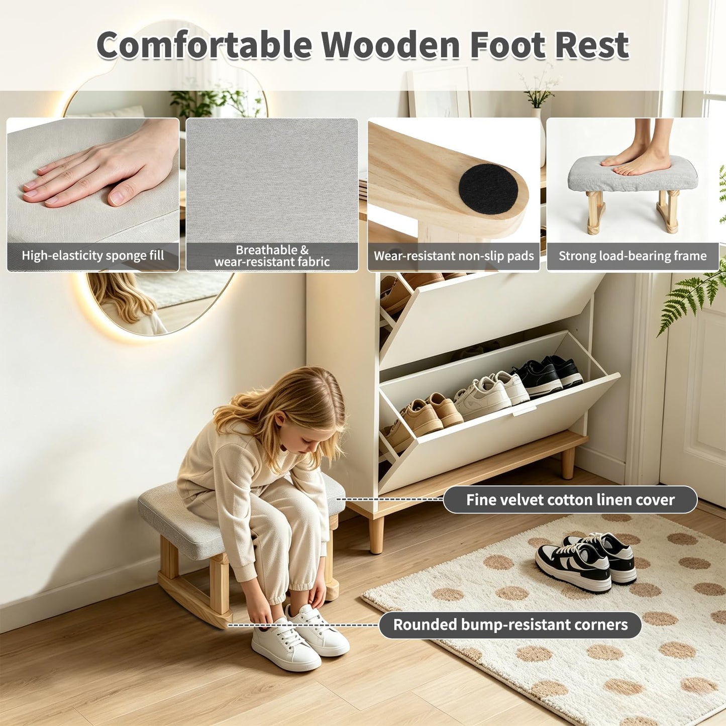 Margolongte Foot Stool, Pouffe Footstool with Removable Cover, Linen Fabric Small Footstool with Cushion