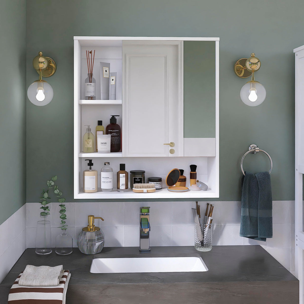 SMIBUY Bathroom Mirror Cabinet Wall Mounted, Bamboo Space Saver Medicine Cabinet, Wall Hanging Over Toilet Storage Cabinet with Mirror Door and