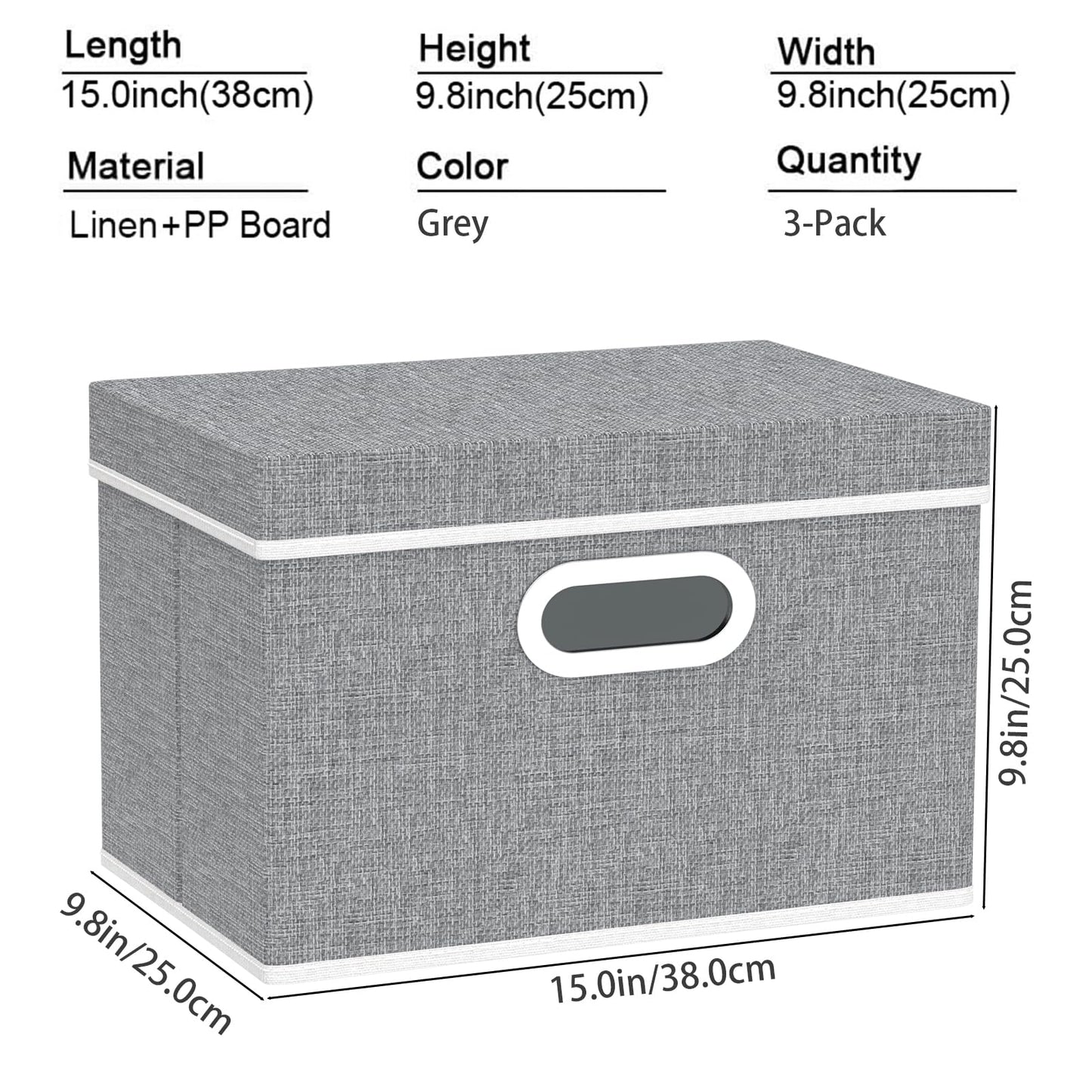 Yawinhe Collapsible Storage Box 3 Pack, Fabric Clothing Shelf Basket with Lid, for Organizing Home, 38x25x25cm, Grey, SNK023GL-3