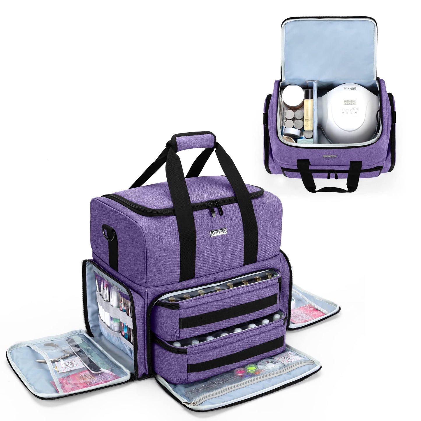 BAFASO Double Layer Nail Polish Organizer Holds 80 Bottles (15ml - 0.5 fl.oz) and a UV Nail Lamp, Nail Polish Case with 2 Removable Pouches and