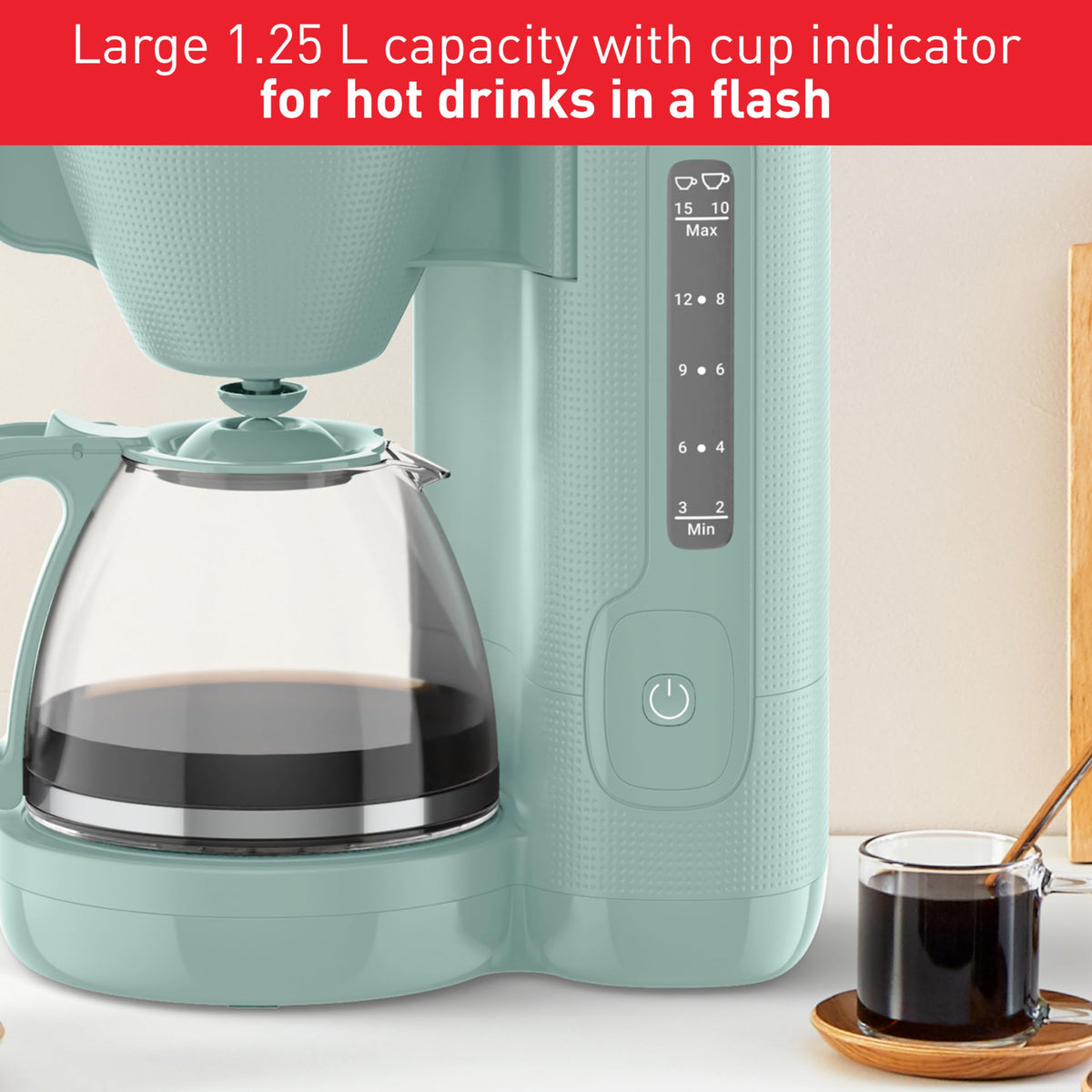Tefal Morning Filter Coffee Maker - Eucalyptus, 1.25L Capacity, Permanent Reusable Filter, Drip-Stop System, Keep-Warm Function, Easy Fill Water Tank,