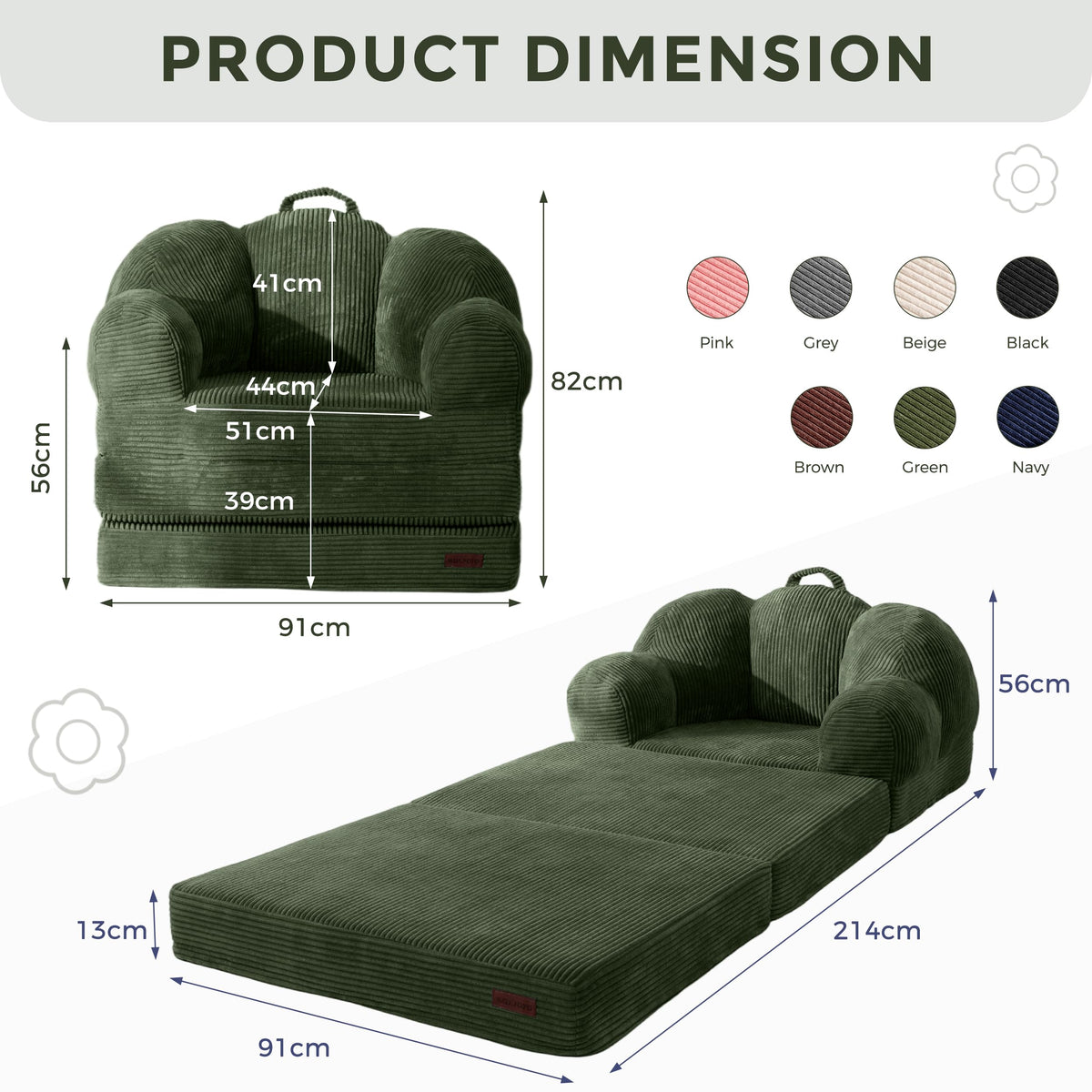 MAXYOYO Folding Sofa Bed with Backrest, Floral Shaped 2 in 1 Convertible Sofa to Comfy Faux Fur Bean Bag Chair for Adults