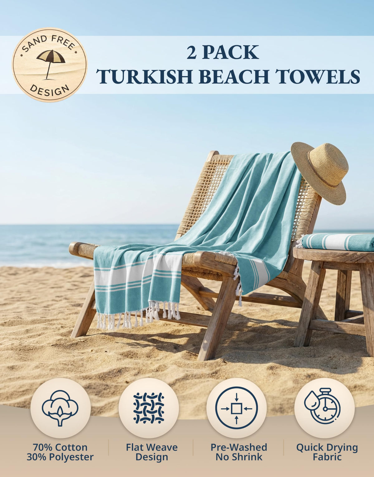 LANE LINEN Turkish Beach Towel with Beach Bag, 2 Pack Beach Towels Oversized, 39"x71", Pool Towel, Oversized, Highly Absorbent