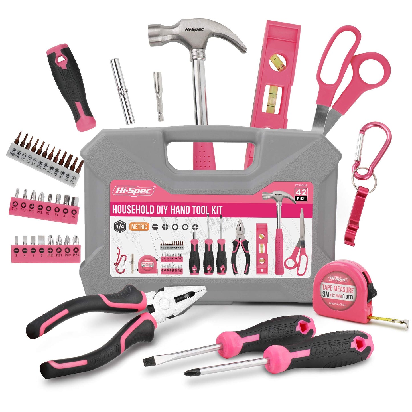 Hi-Spec Pink Tool Kit for Women, 38-Piece. Essential Hand Tool Box with Screwdriver Set, Hammer, Pliers, and More for Home and Office DIY Repair and