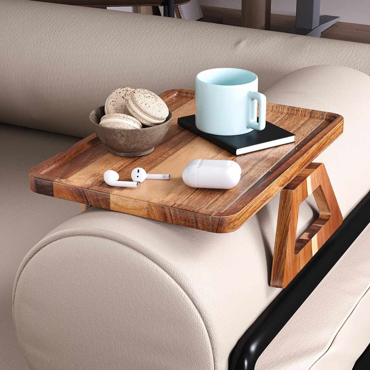 Fibogollo Acacia Wood Sofa Tray,Folding Couch Arm Tray,Sofa Armrest Trays Table Clip-On Couch Desk for Drinks,Snacks,Phone,Remote Control