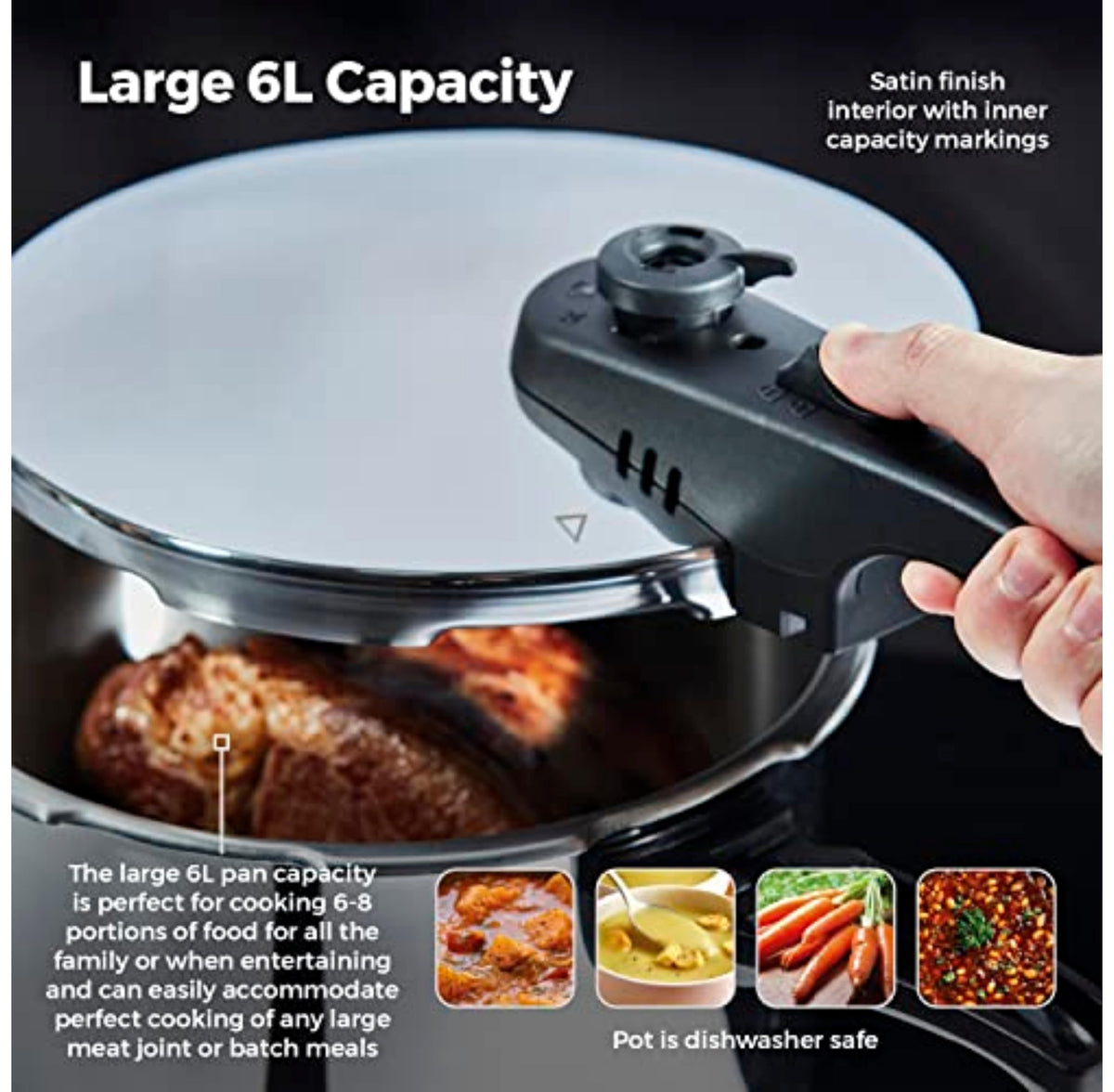 Tower T80244 6L/22cm Pressure Cooker with Steamer Basket, Stainless Steel, Silver