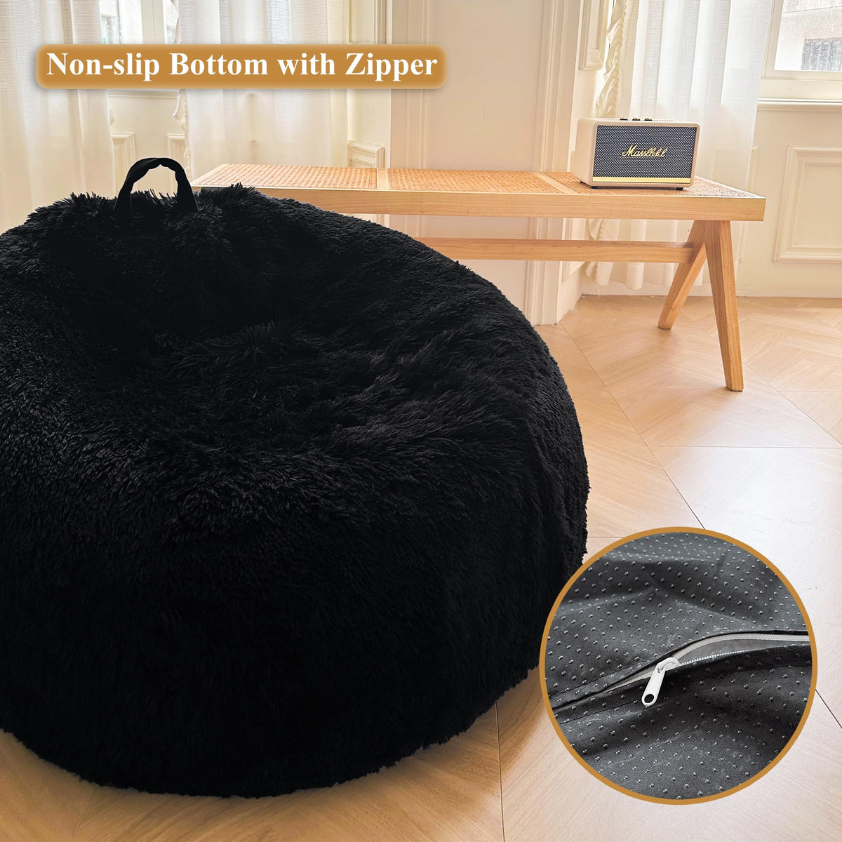 XeGe Soft Faux Fur Stuffed Animal Storage Bean Bag Cover(No Filler), Black
