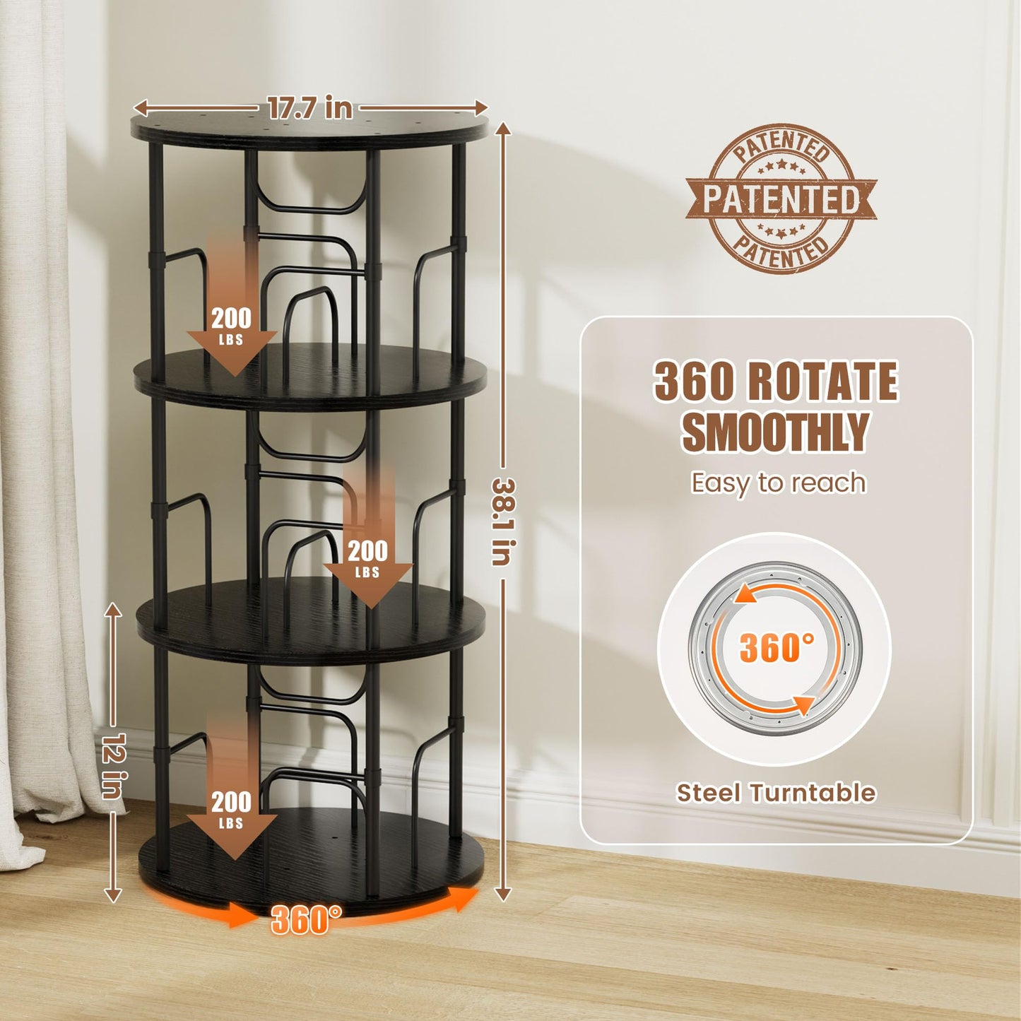 OCTORO 3 Tier Rotating Bookshelf, 360° Corner Bookshelf Tower, Round Revolving Bookcase with Adjustable Levels, Spinning Book Shelf for Home Office