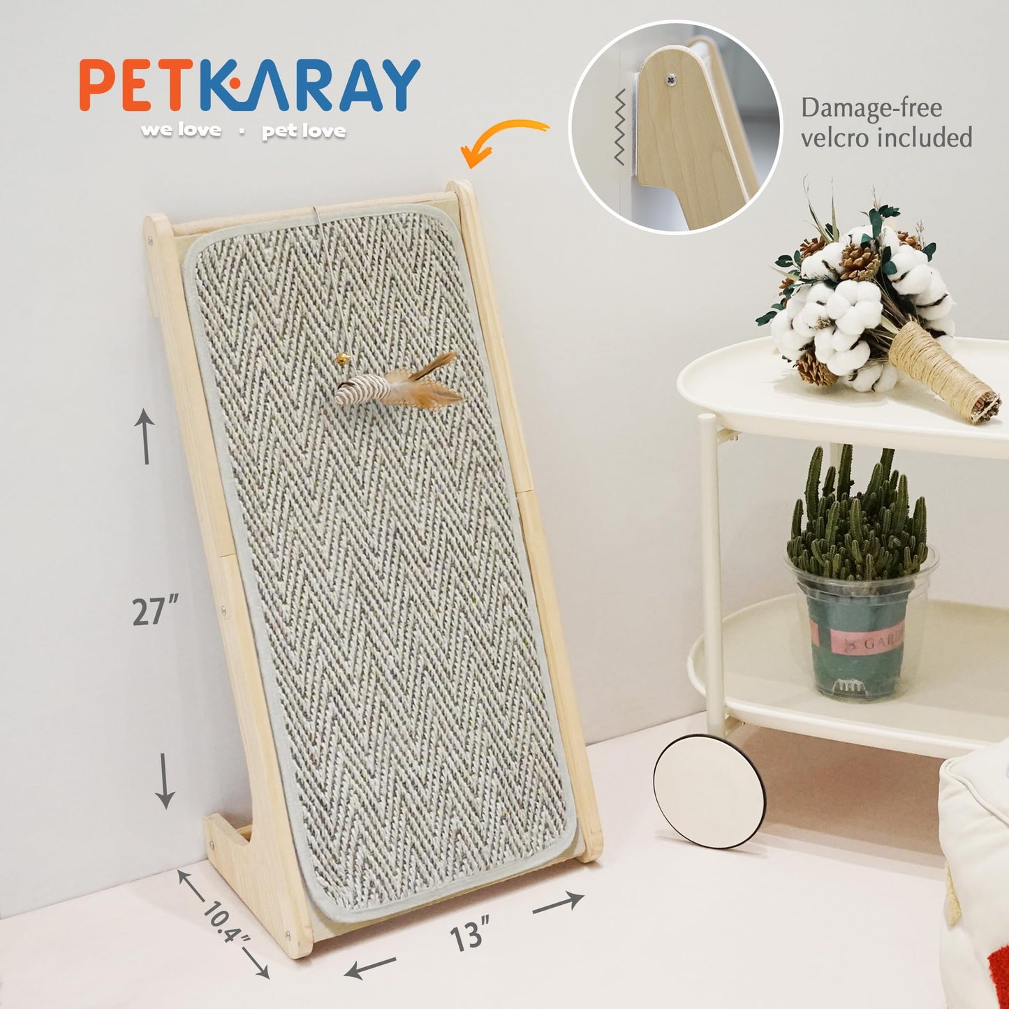 PETKARAY Cat Scratcher, Sisal Scratching Ramp, L Shape Cat Scratch Pad for Indoor Cats, 27" Wall Furniture Protector with Mouse Toy