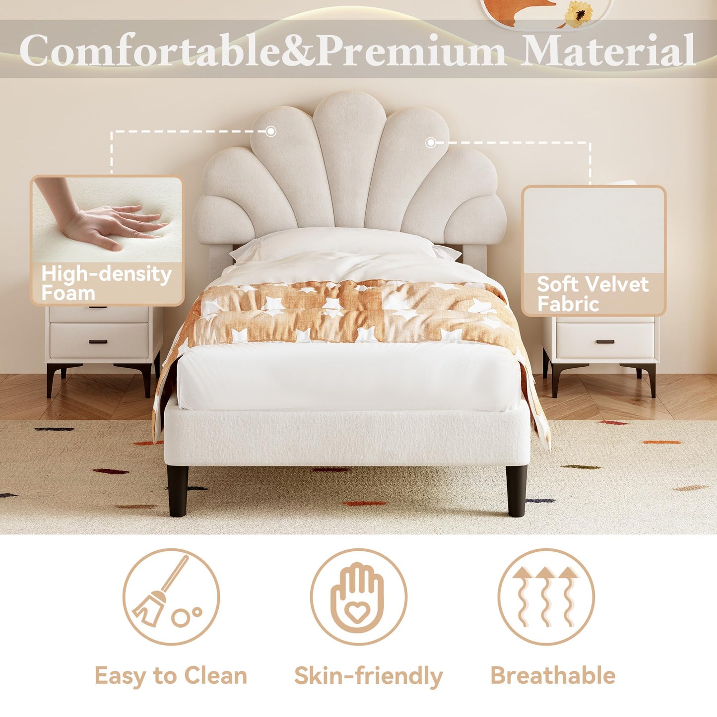 Merax 3ft Single Upholstered Bed Frame, Velvet Petal Headboard, Adjustable, Solid Wood Slats, No Box Spring Needed, Easy Assembly, Beige