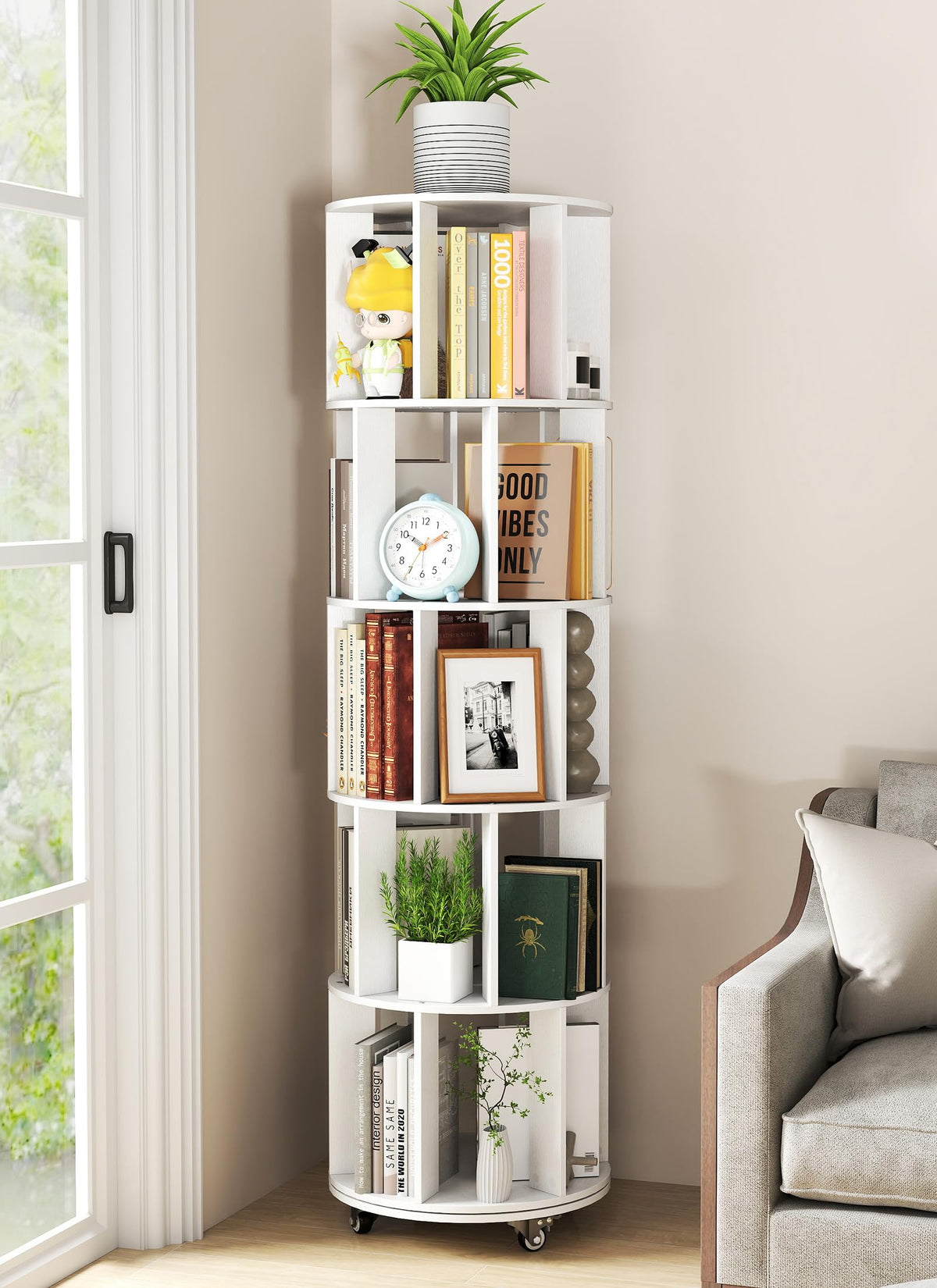 Suuiwau 5 Tier Rotating Bookshelf, 360° Revolving Bookcase with Wheels