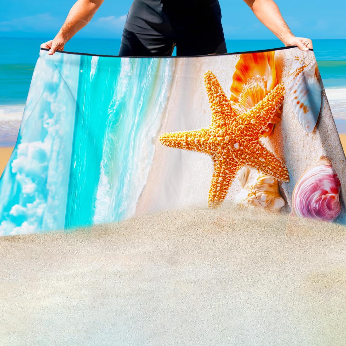 Violetpos Golden Starfish & Shells Beach Towel, Extra Large 180x90 cm 250GSM Microfibre, Sand Free Quick Dry