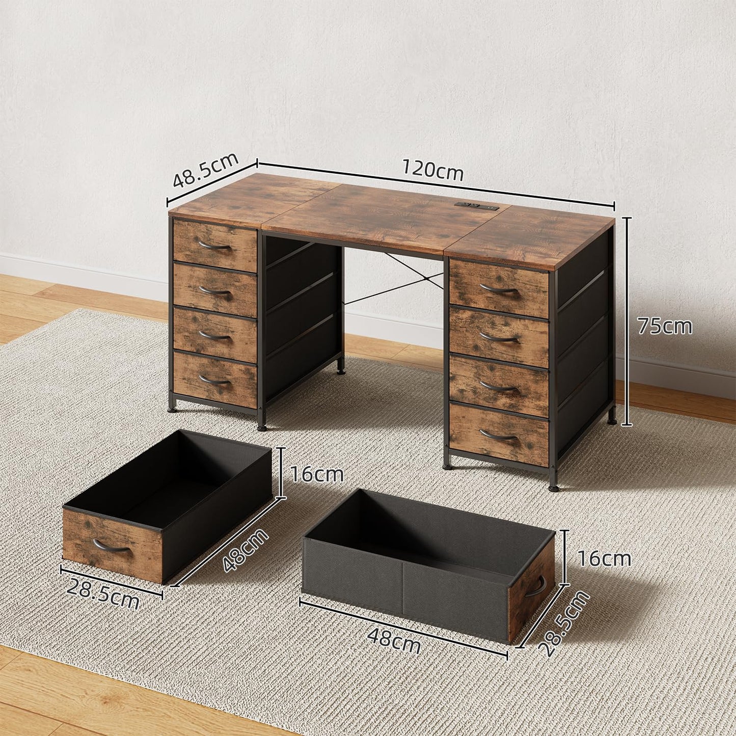 MUTUN 120cm Computer Desk with 8 Drawers, Home Office Desk with Power Outlets, Modern Table with Large Storage for Writing, Study, Rustic Brown