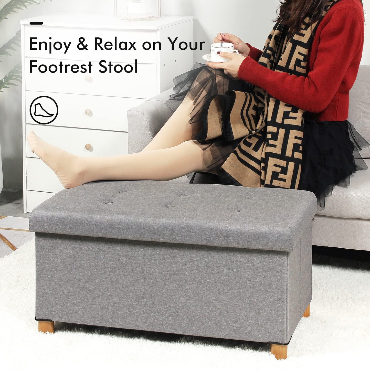 Bonlife Footstool for Living Room,Grey Ottoman Storage Box with Tray,Folding Ottoman Coffee Table with Storag,76x38x38cm