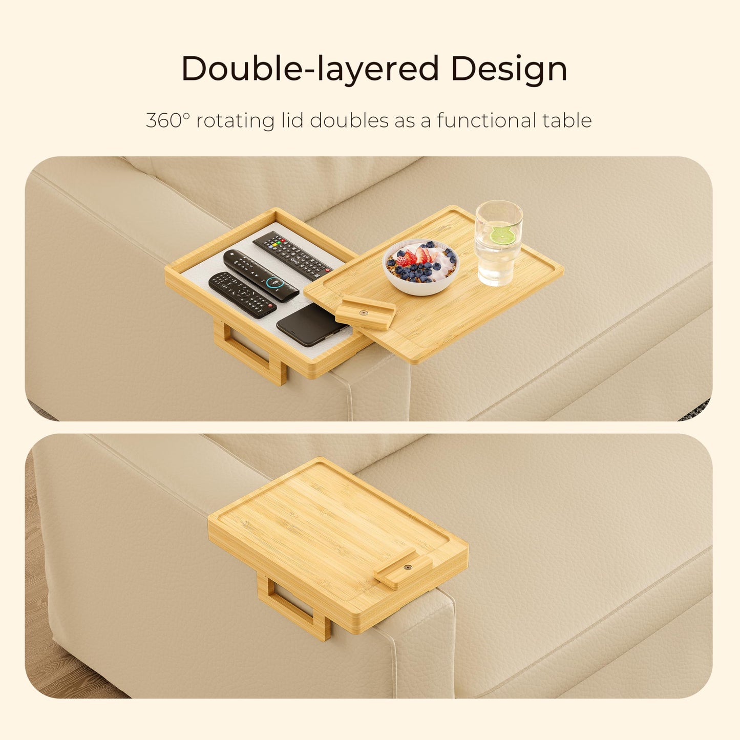 Wealone Bamboo Couch Arm Tray for Wide Couch, Sofa Arm Clip Table with Storage Box, Couch Armrest Tray with 360°Rotating Phone Holder