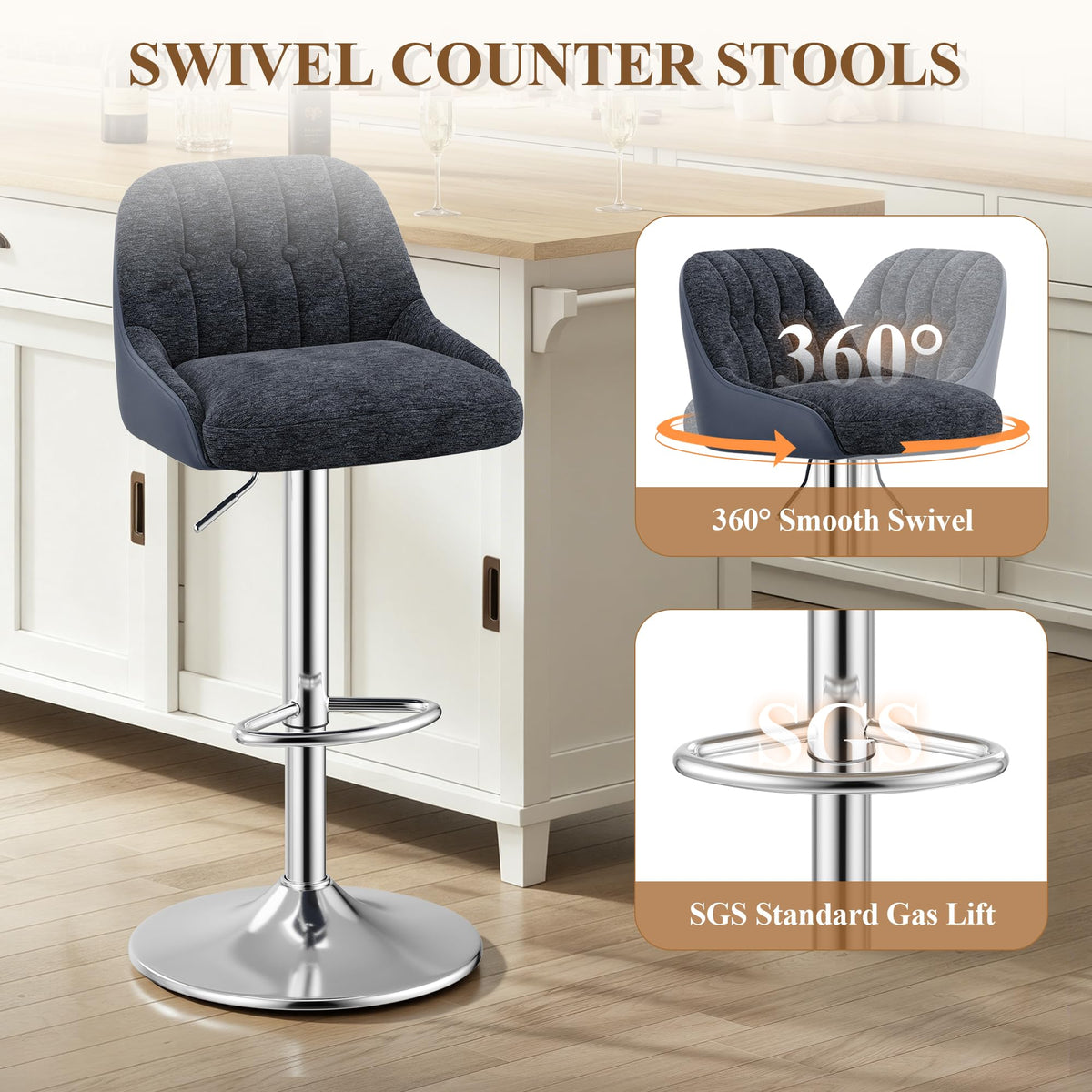 MALOL Adjustable Bar Stools Set of 6, Swivel Counter Stools with Backrest, Chenille & Faux Leather Upholstered Bar Chairs