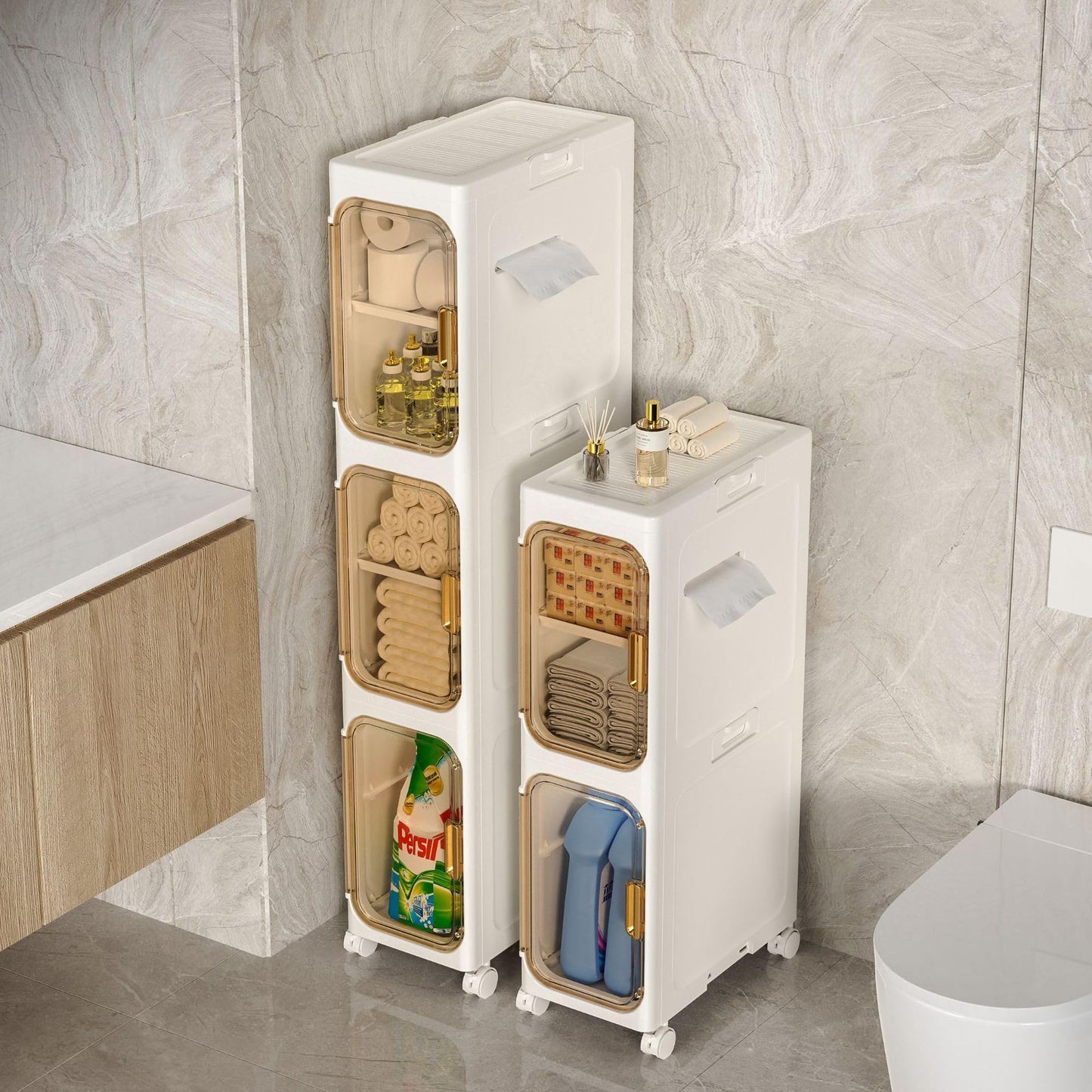 LSLANSOON Slim Bathroom Storage Cabinet, Narrow Foldable and Mobile Organizer for Small Spaces, Bathroom, Kitchen, Laundry Room, Living Room (2 Layer)