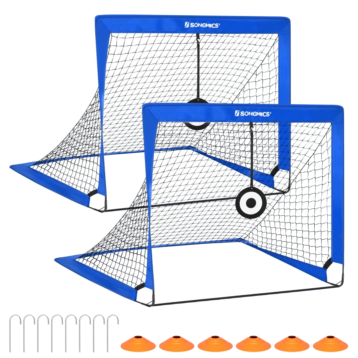 SONGMICS Football Goal Set of 2, Portable Football Nets with Targets and Training Cones, Blue SZQ422Q01