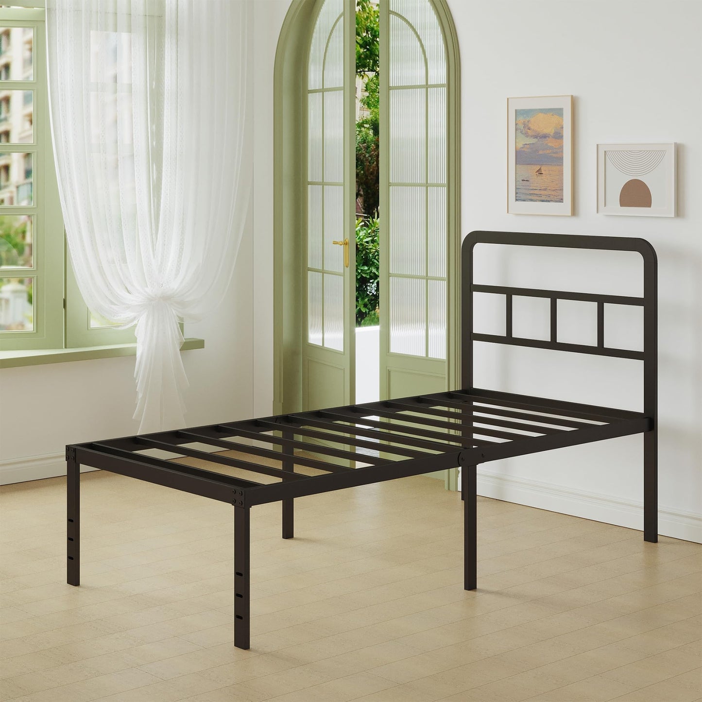 Lutown-Teen Metal Single Bed Frame with Headboard, 46 cm High