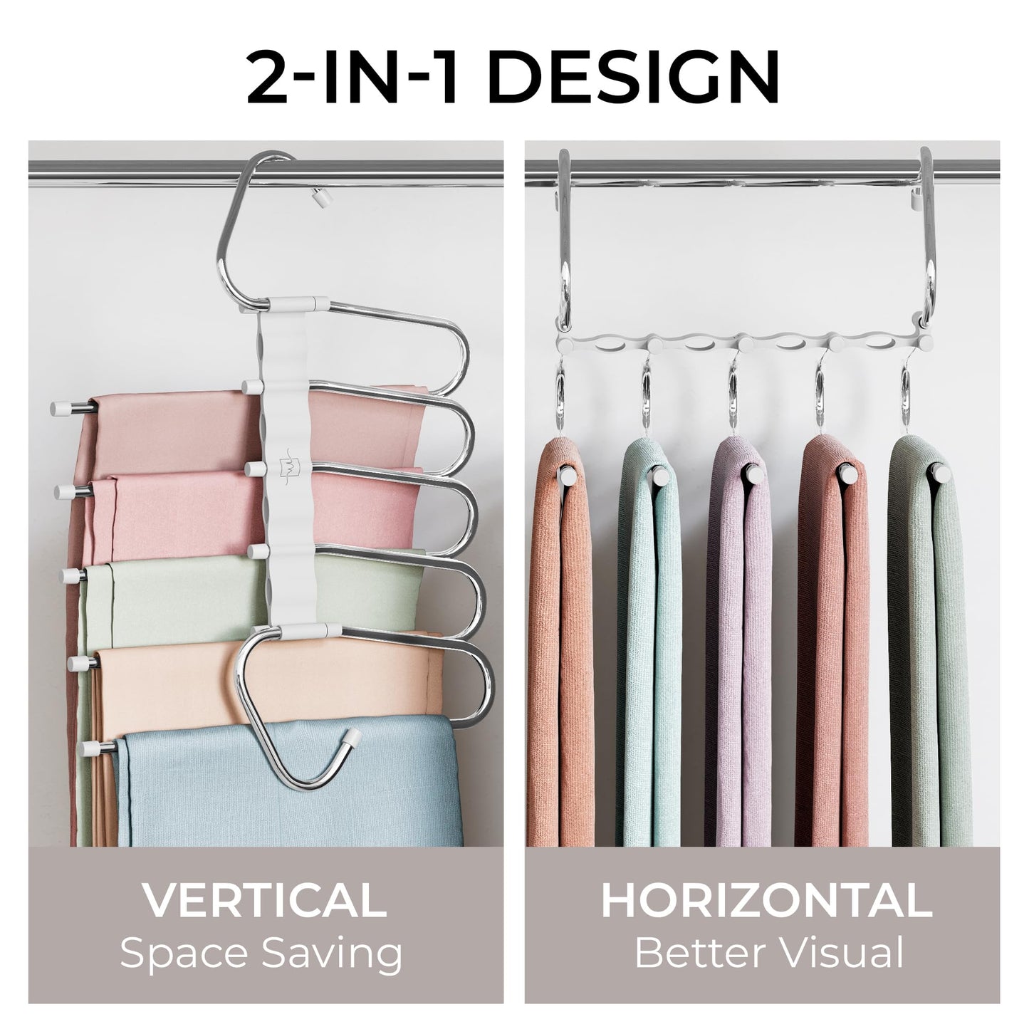 MORALVE Trousers Hangers Space Saving - 2 Pack - Non-Slip Multi-Layer Space Saving Hangers - Multifunctional Clothing Rack for Closet Storage