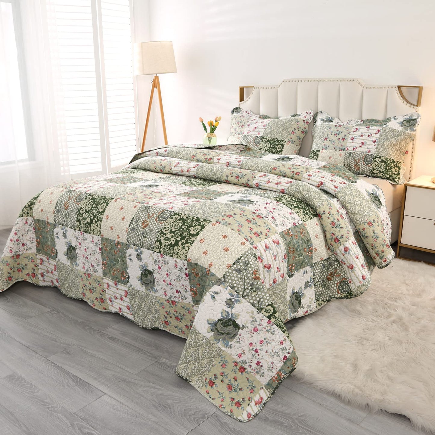 Qucover 3-Piece Double Bedspread Set, American Style Green Patchwork Pattern Bedspread, Light Breathable Polyester Ultrasonic Quilting Coverlet Set