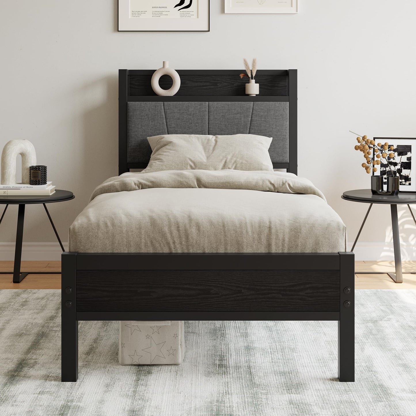 BORPHOM 3ft Single Bed Frame with Storage Headboard,Heavy Duty Metal Upholstered Platform Bed Frame,Mattress Foundation/Strong Steel Slat