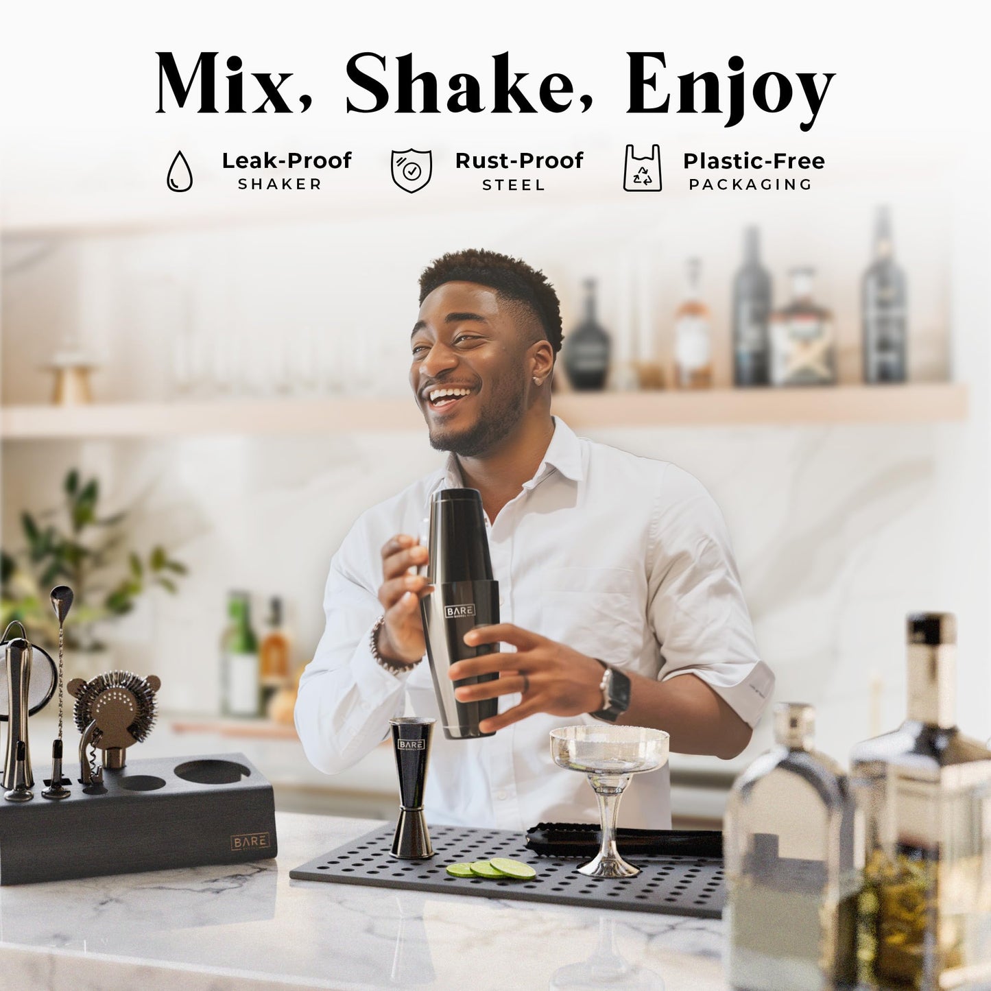 BARE BARREL Cocktail Making Kit | 14-Piece Bartender Kit Cocktail Shaker Set Maker | Bamboo Display Stand & 35 Recipe Cards | Mixology Cocktail Gift
