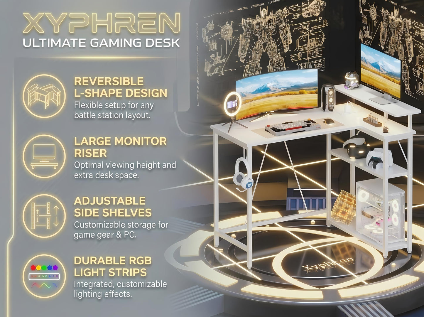 Xyphren L Shaped Gaming Desk with RGB LED Lights & Power Outlets, Small Computer Desk with Adjustable Shelves