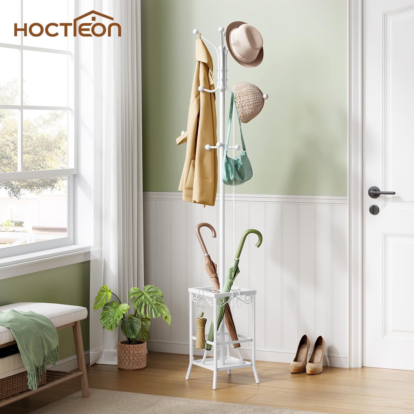 Hoctieon Coat Rack Freestanding, Coat Tree with Umbrella Holder, Metal Coat Rack Stand with 12 Hooks, Standing Coat Hanger Stand