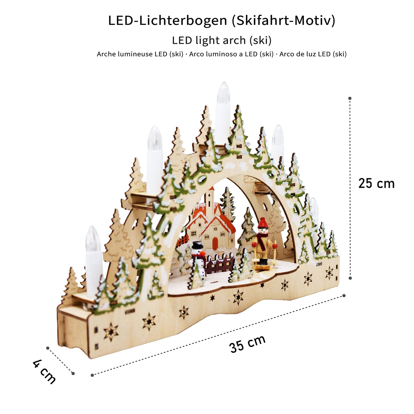ToCi Illuminated candle arch with 5 LED candles and Christmas ski motif for Christmas decoration, window decoration and table decoration.