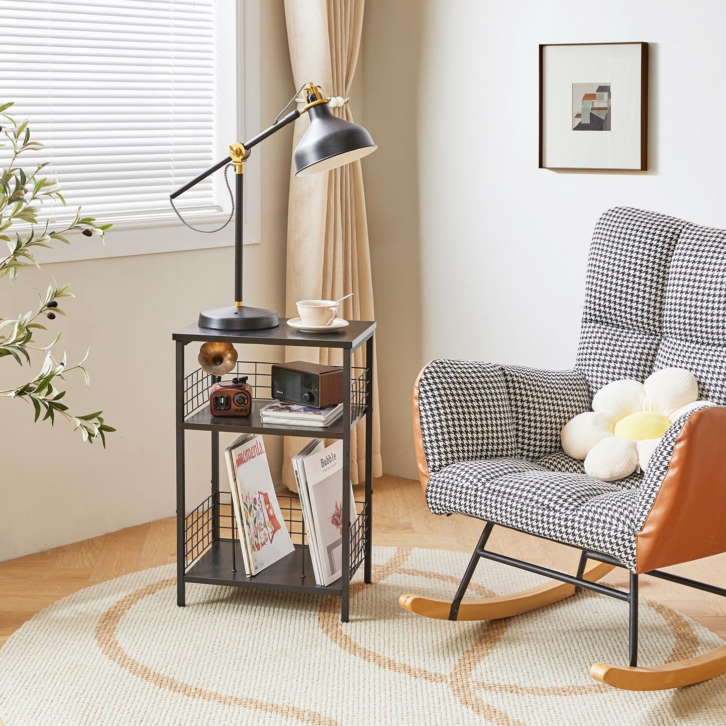 YMYNY 3 Tier End Table, Record Player Stand with Storage, Industrial Tall Side Table, Small Bookshelf, Bookcase, Display Rack, Telephone Table for