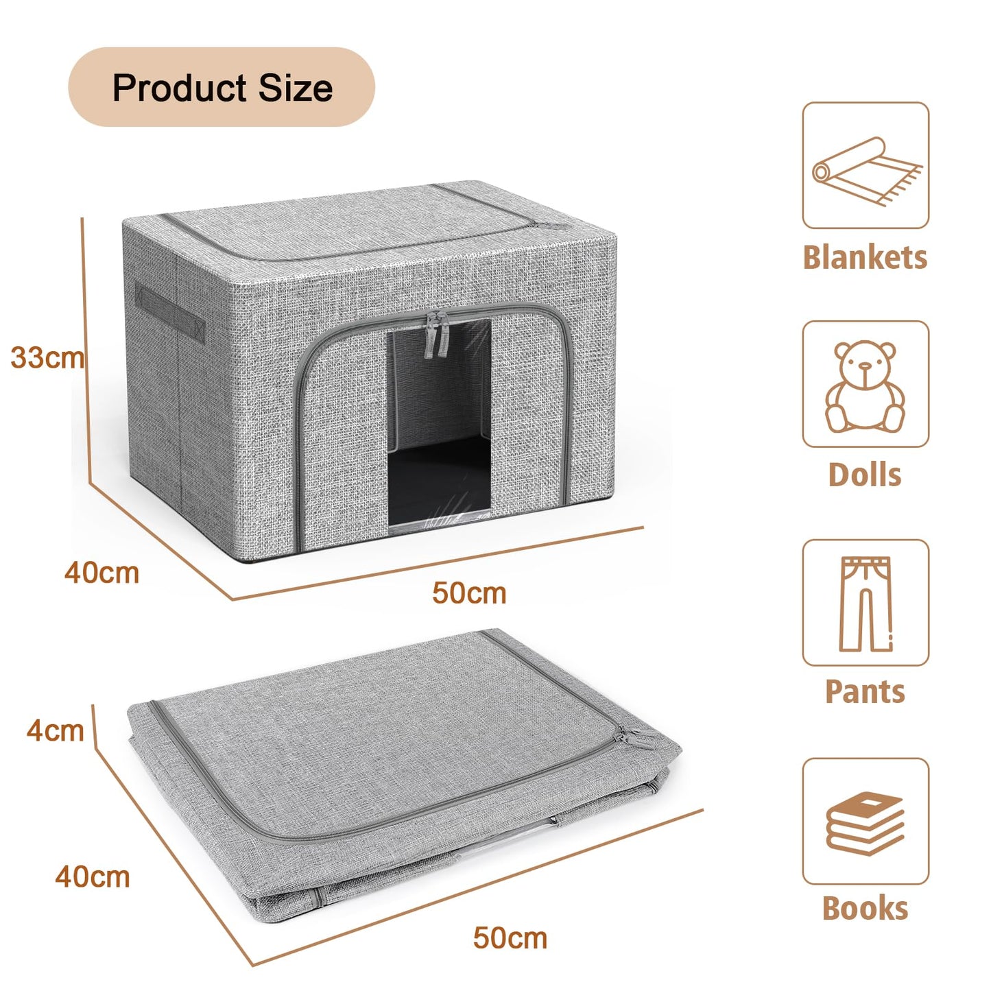 Eyeleaf Storage Bags with Zips, 3PCS Linen Clothes Storage Bag 24L 66L 100L Large Storage Bags Foldable with Metal Frame Lid Clear Window Durable