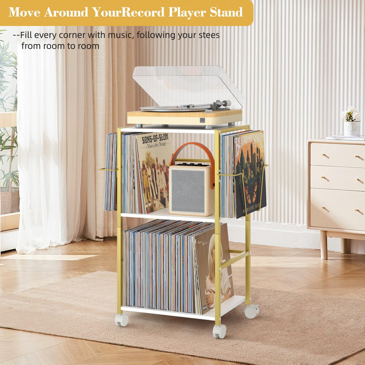 Bikoney Rolling Record Player Stand with Vinyl Storage for 150 Albums, Gold