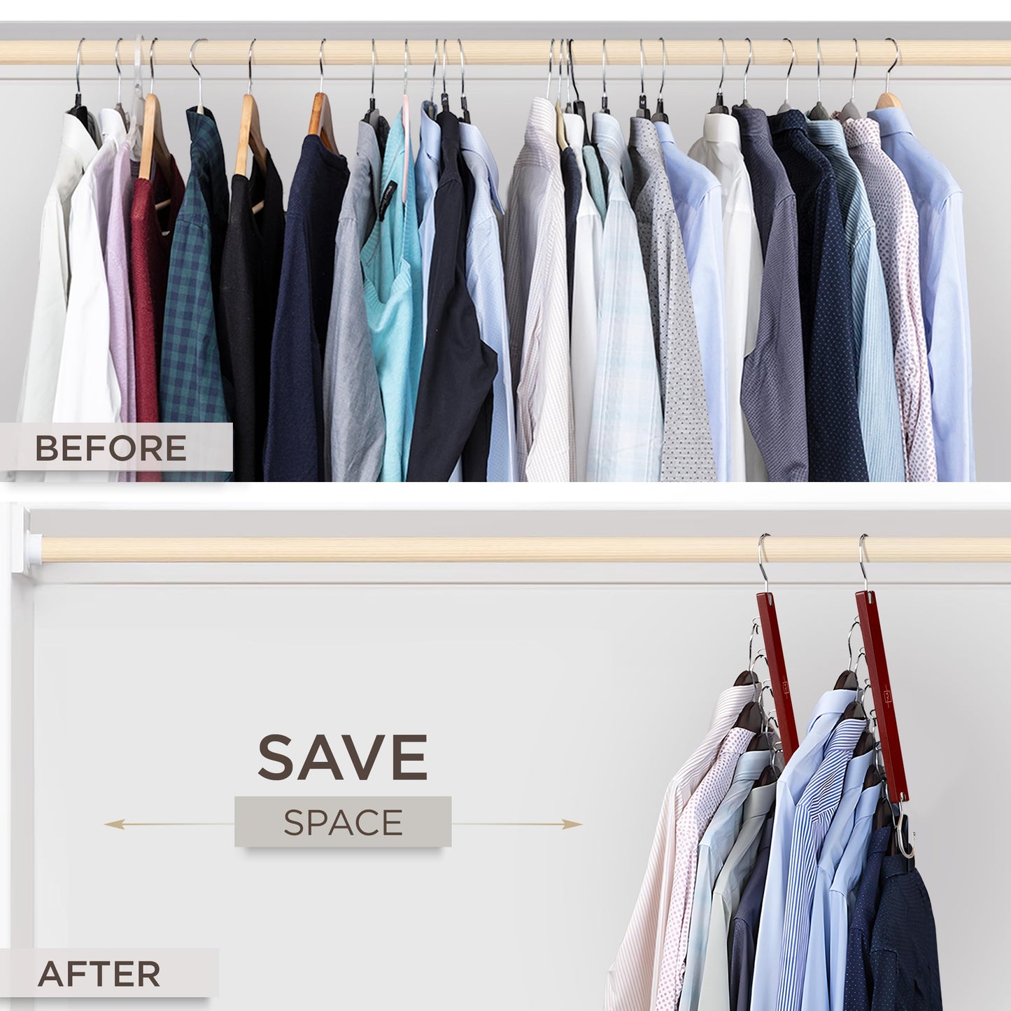 MORALVE Space Saving Hangers for Wardrobe – 4 Pack European Beechwood 6-Tier Shirt Organiser with 360° Swivel Hook
