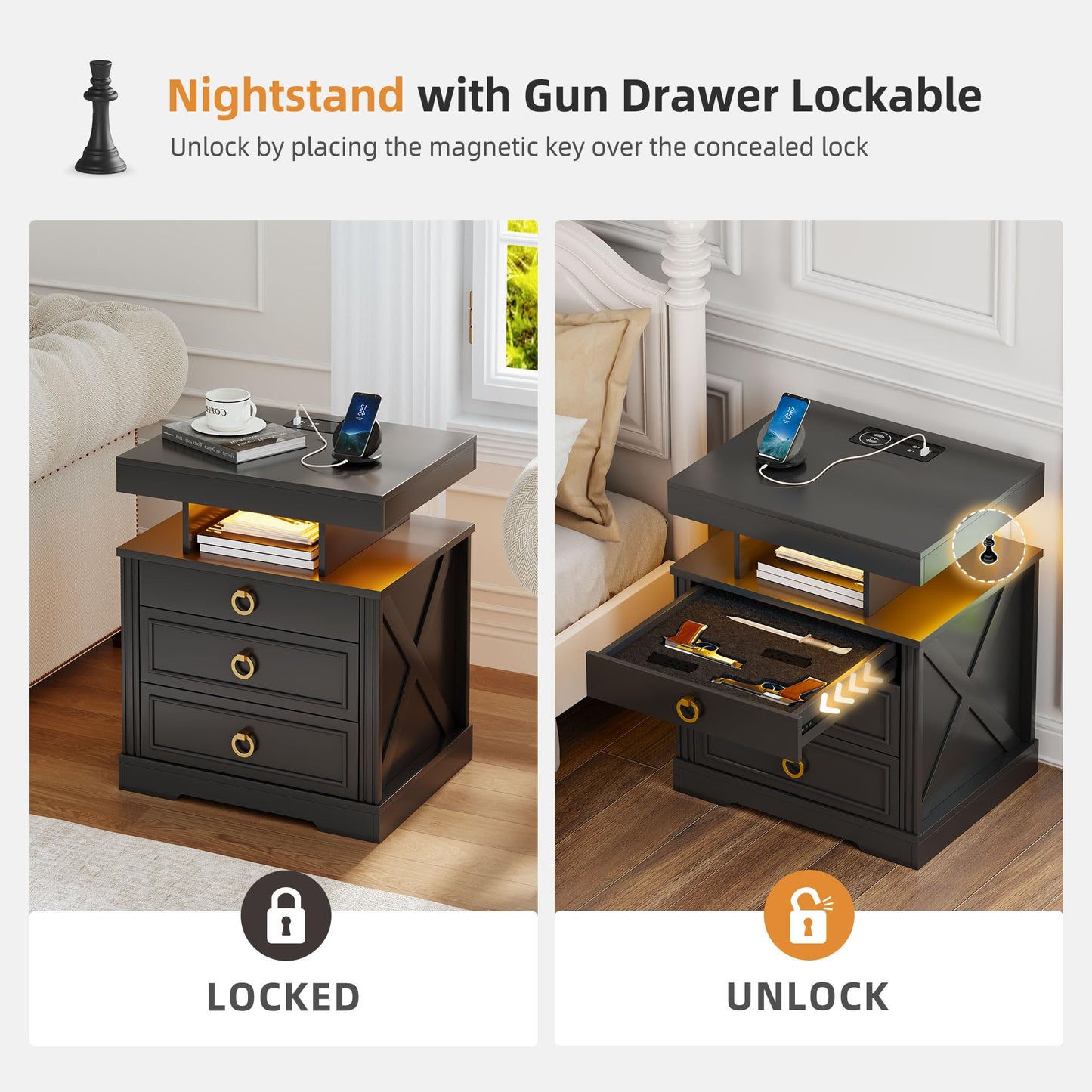 Gurexl LED Bedside Table with Gun Drawer, Charging Bedside Table with USB & Type-C Port, Human Sensor Light