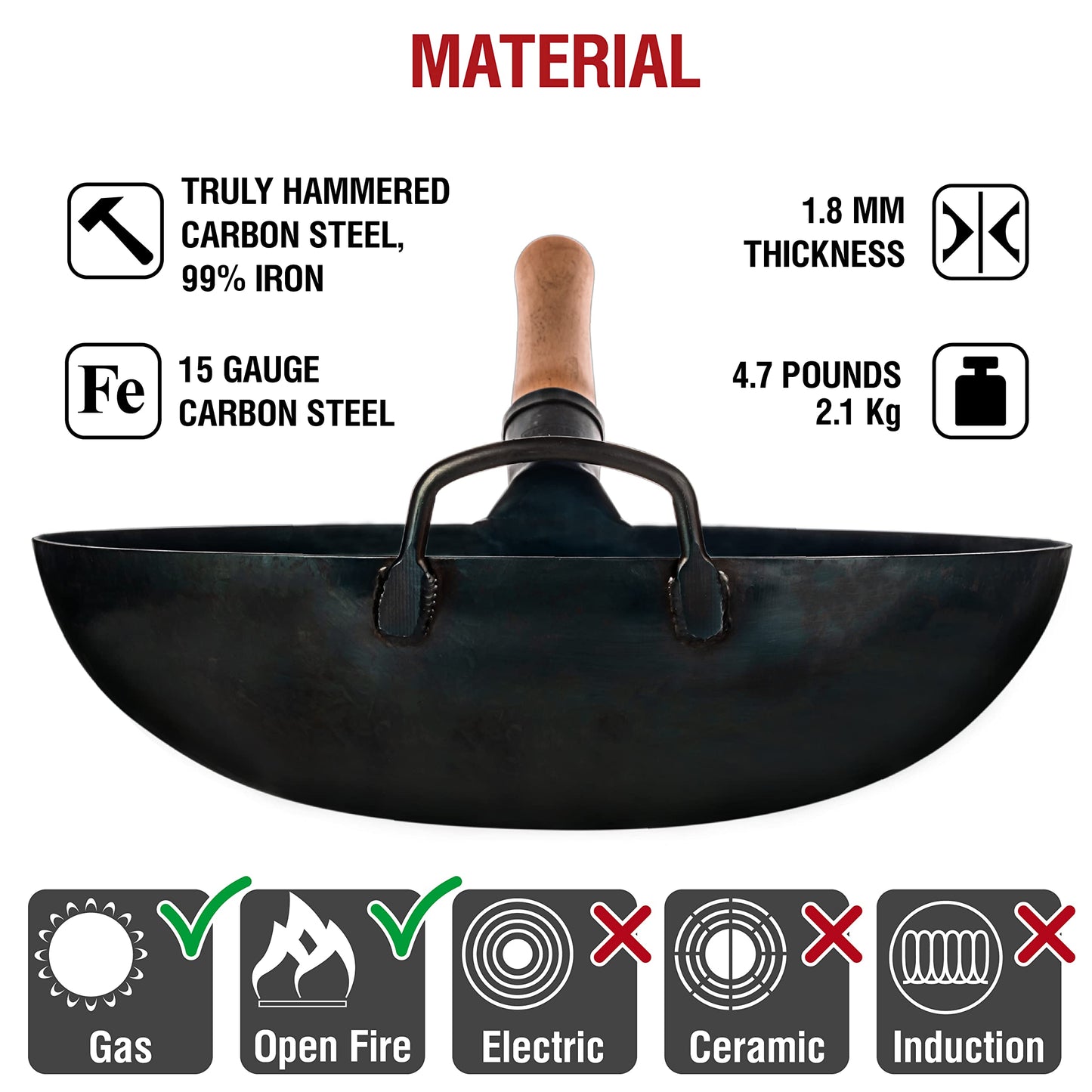 YOSUKATA Blue Carbon Steel Wok and Stir Fry Pans 36 cm- Chinese Hammered Round Bottom Pow Wok - Traditional Chinese Japanese Cookware - Blue Steel