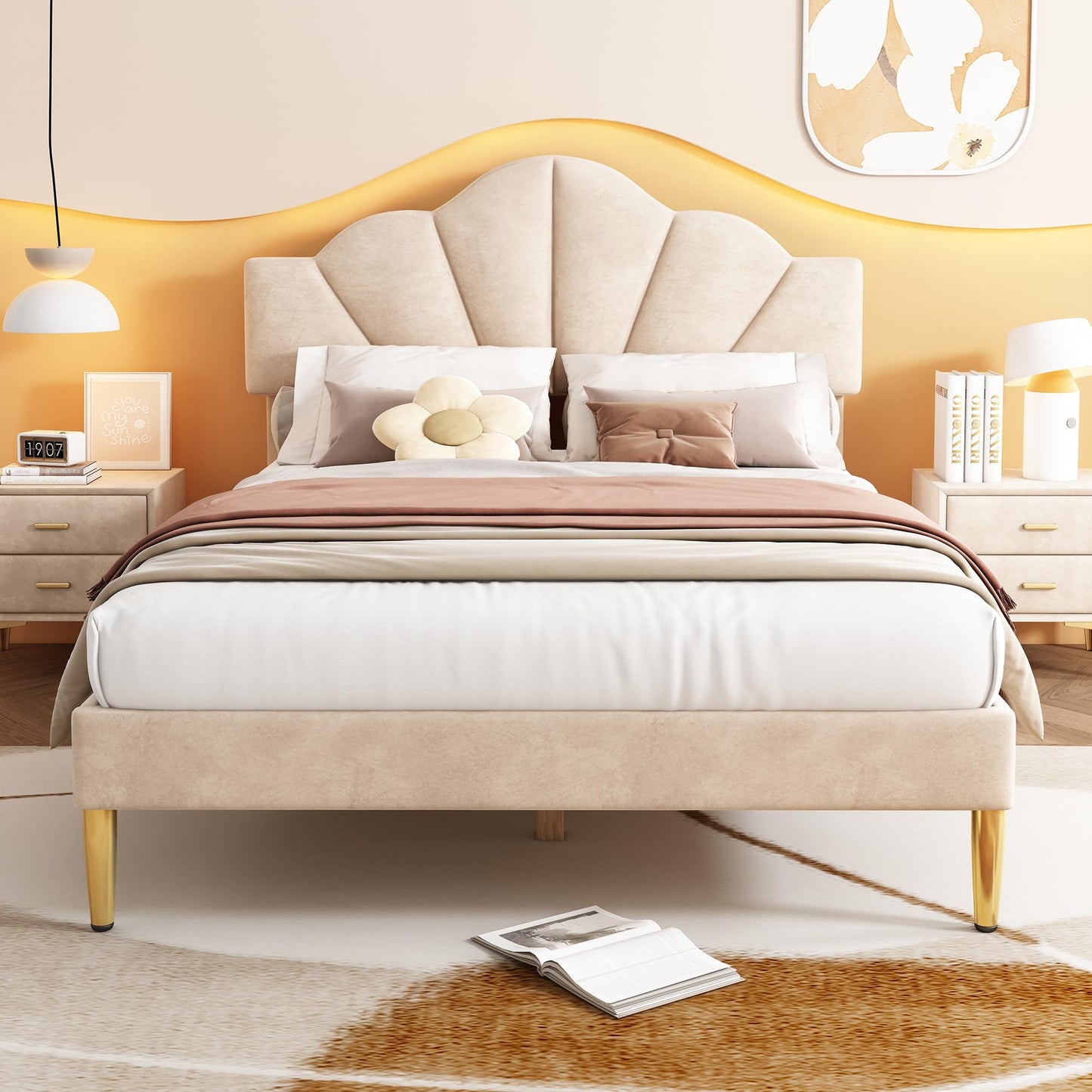 ＭodernLuxe Upholstered Double Bed, 4FT6 Shell-like Bed Frame with Golden Iron Legs and Height-adjustable Headboard Filled with High-density Foam